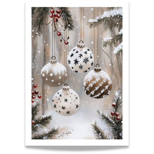 Nære julekuler i hvitt og beige med stjernemønster, hengende i granbar med røde bær på snødekt bakgrunn.