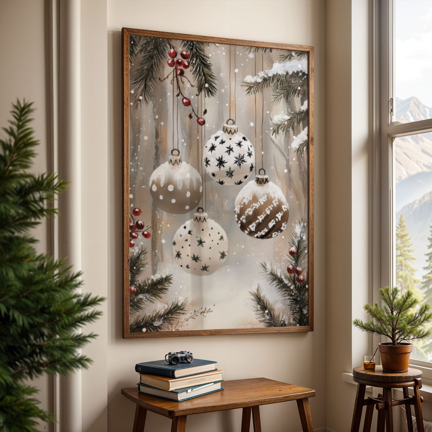 Nære julekuler i hvitt og beige med stjernemønster, hengende i granbar med røde bær på snødekt bakgrunn. Illustrasjon viser plakat uten hvit kantllinje.