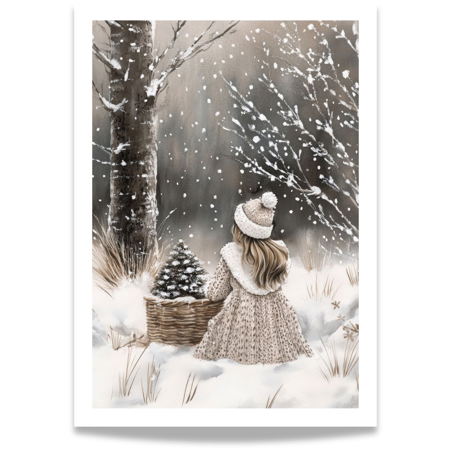 Liten jente med lue og kjole står ved en kurv med kongler i et snødekt skoglandskap.