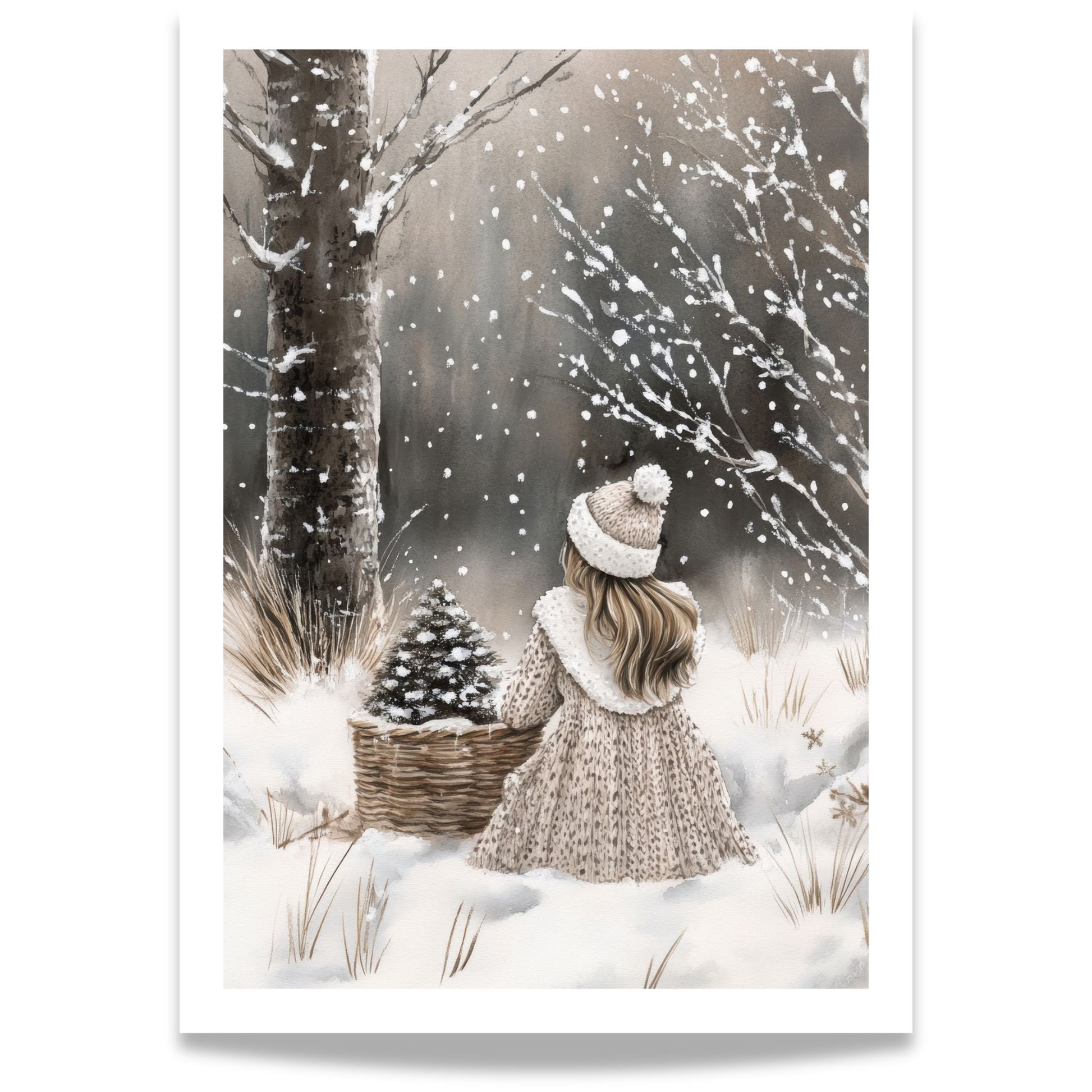 Liten jente med lue og kjole står ved en kurv med kongler i et snødekt skoglandskap.