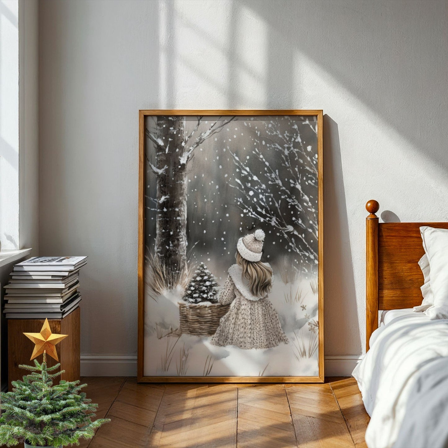 Liten jente med lue og kjole står ved en kurv med kongler i et snødekt skoglandskap. Illustrasjon viser plakat uten hvit kantlinje i eik ramme.