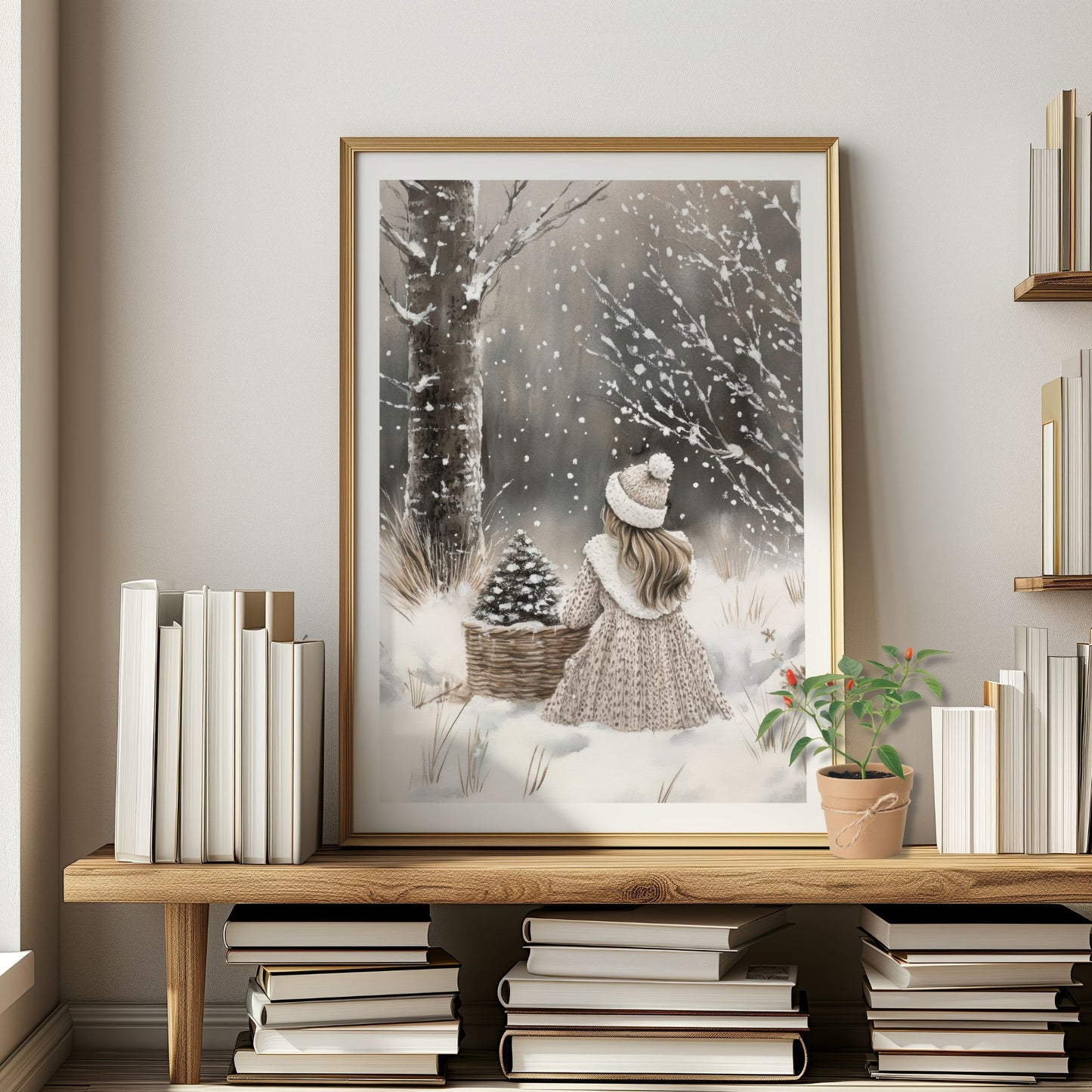 Liten jente med lue og kjole står ved en kurv med kongler i et snødekt skoglandskap. Illustrasjon viser plakat med hvit kantlinje i eik ramme.