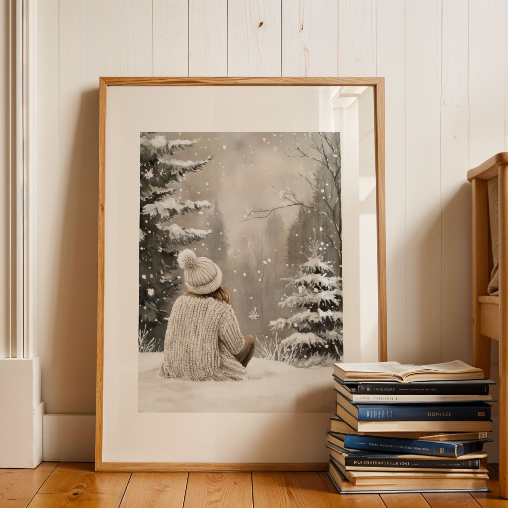 Jente med strikkegenser og lue sitter på snødekt mark og ser ut over vinterhagen. illustrasjon viser plakat med passepartout i eik ramme.