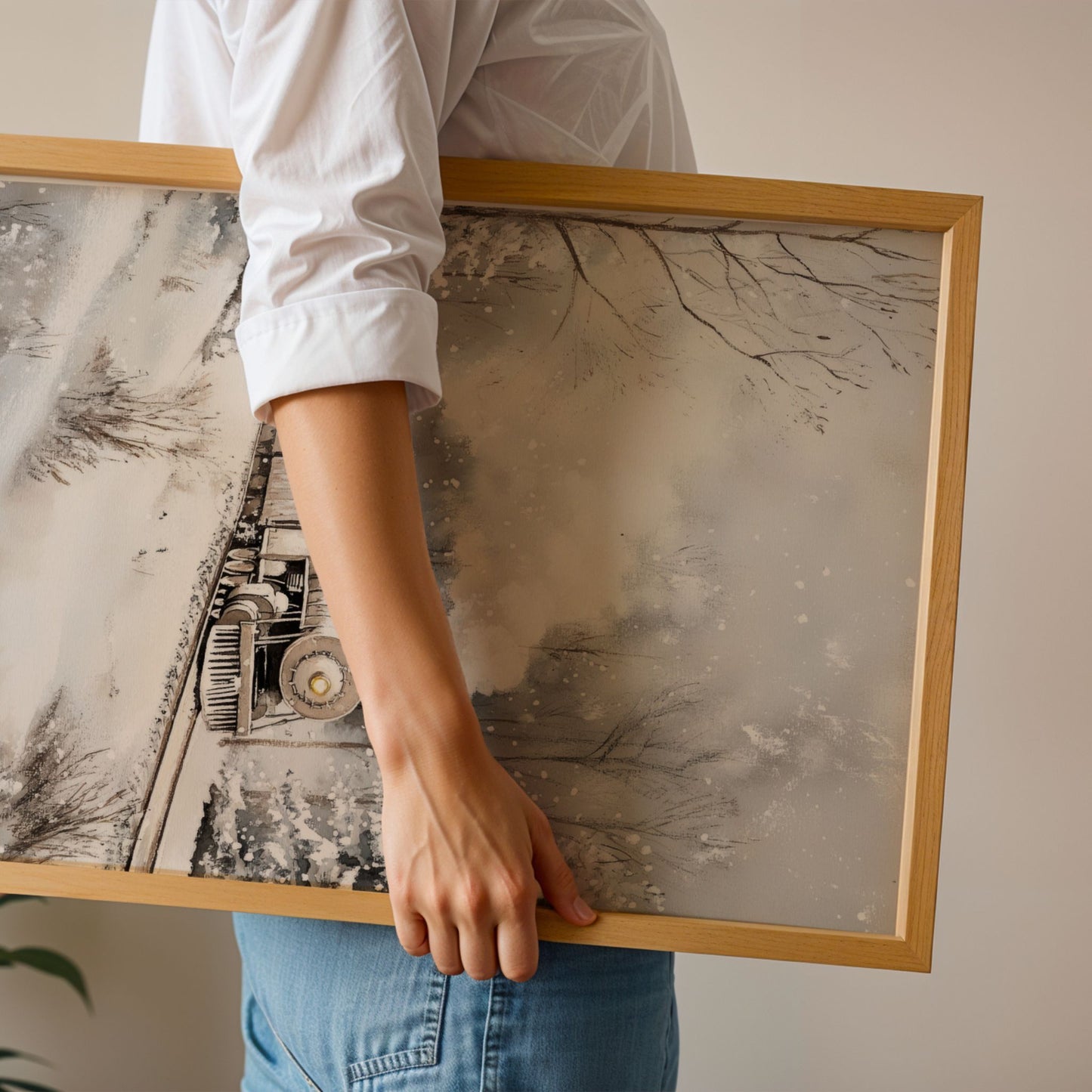 Damplokomotiv med lysende frontlykt kjører gjennom et snødekt landskap omgitt av trær og vinterstemning. Illustrasjon viser plakat uten hvit kantlinje i eik ramme.