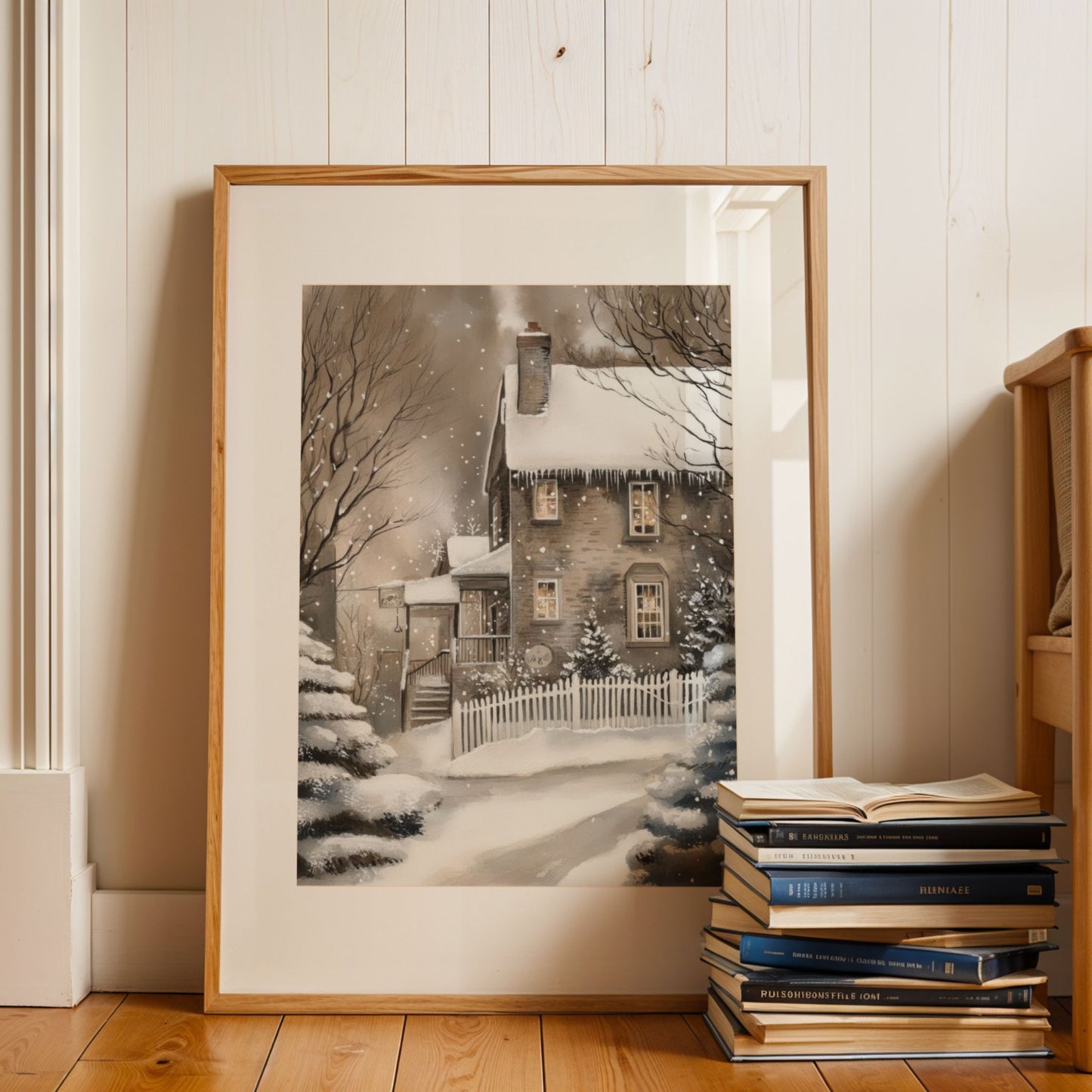 Steinhus med snødekt tak og varme lys i vinduene omgitt av trær, hvitt gjerde og snøfall. Illustrasjon viser plakat med passepartout i eik ramme.