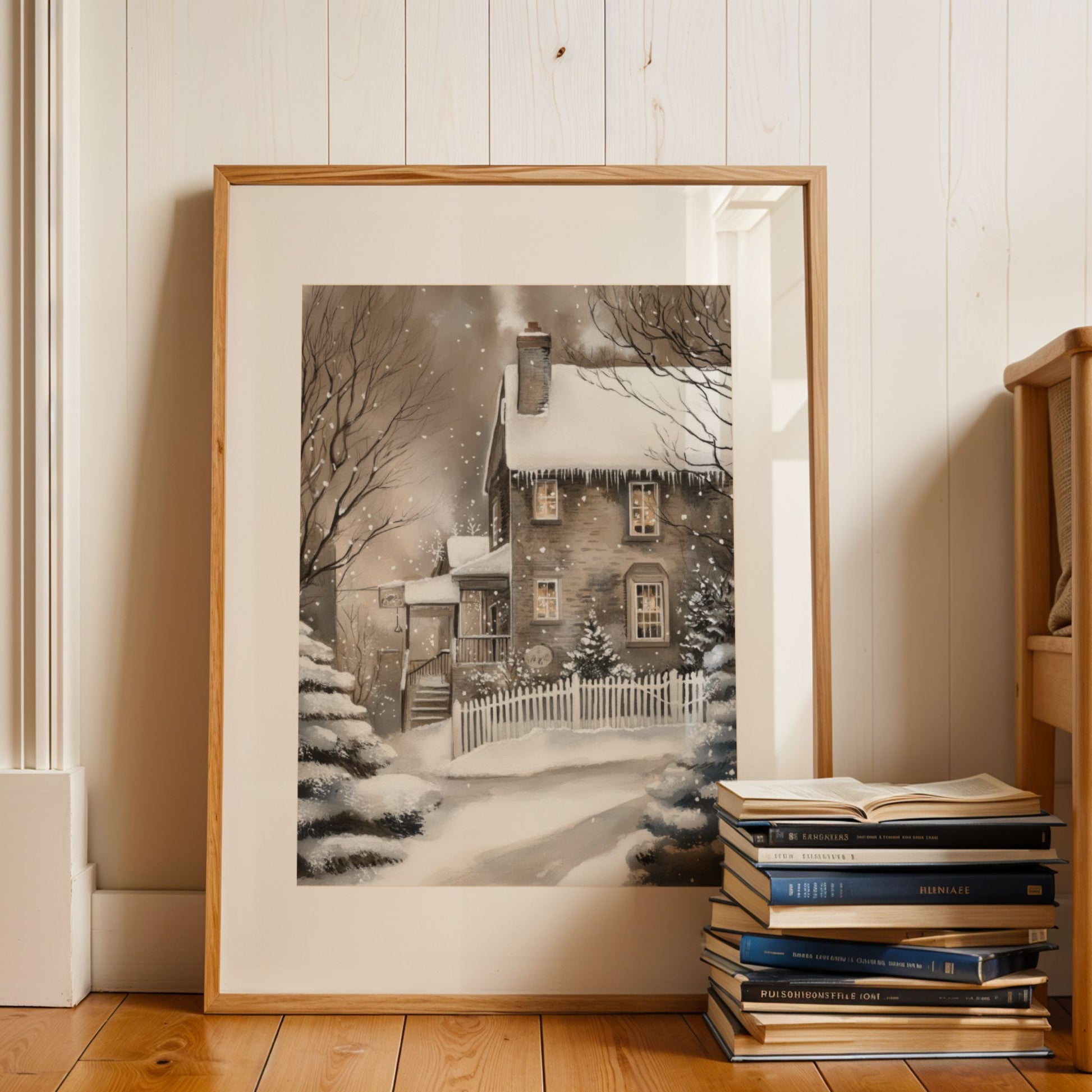 Steinhus med snødekt tak og varme lys i vinduene omgitt av trær, hvitt gjerde og snøfall. Illustrasjon viser plakat med passepartout i eik ramme.