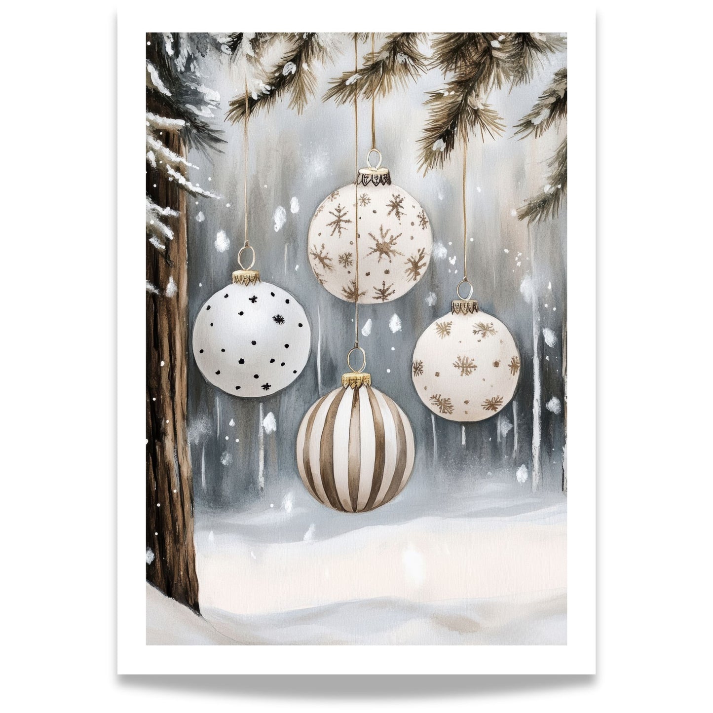 Fire lyse julekuler, blant annet stripet og med stjerner, hengende fra furugrener i en snødekt skog. 
