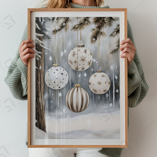 Fire lyse julekuler, blant annet stripet og med stjerner, hengende fra furugrener i en snødekt skog. Illustrasjon viser plakat med hvit kantlinje i eik ramme.