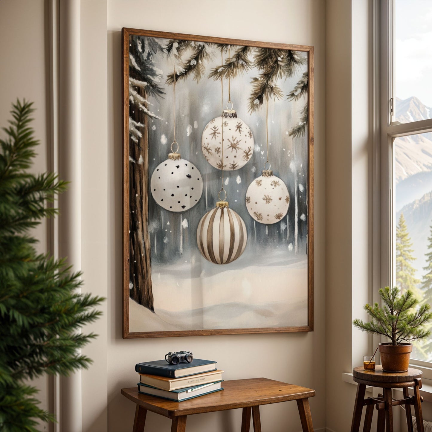 Fire lyse julekuler, blant annet stripet og med stjerner, hengende fra furugrener i en snødekt skog. Illustrasjon viser plakat uten hvit kantlinje i eik ramme.