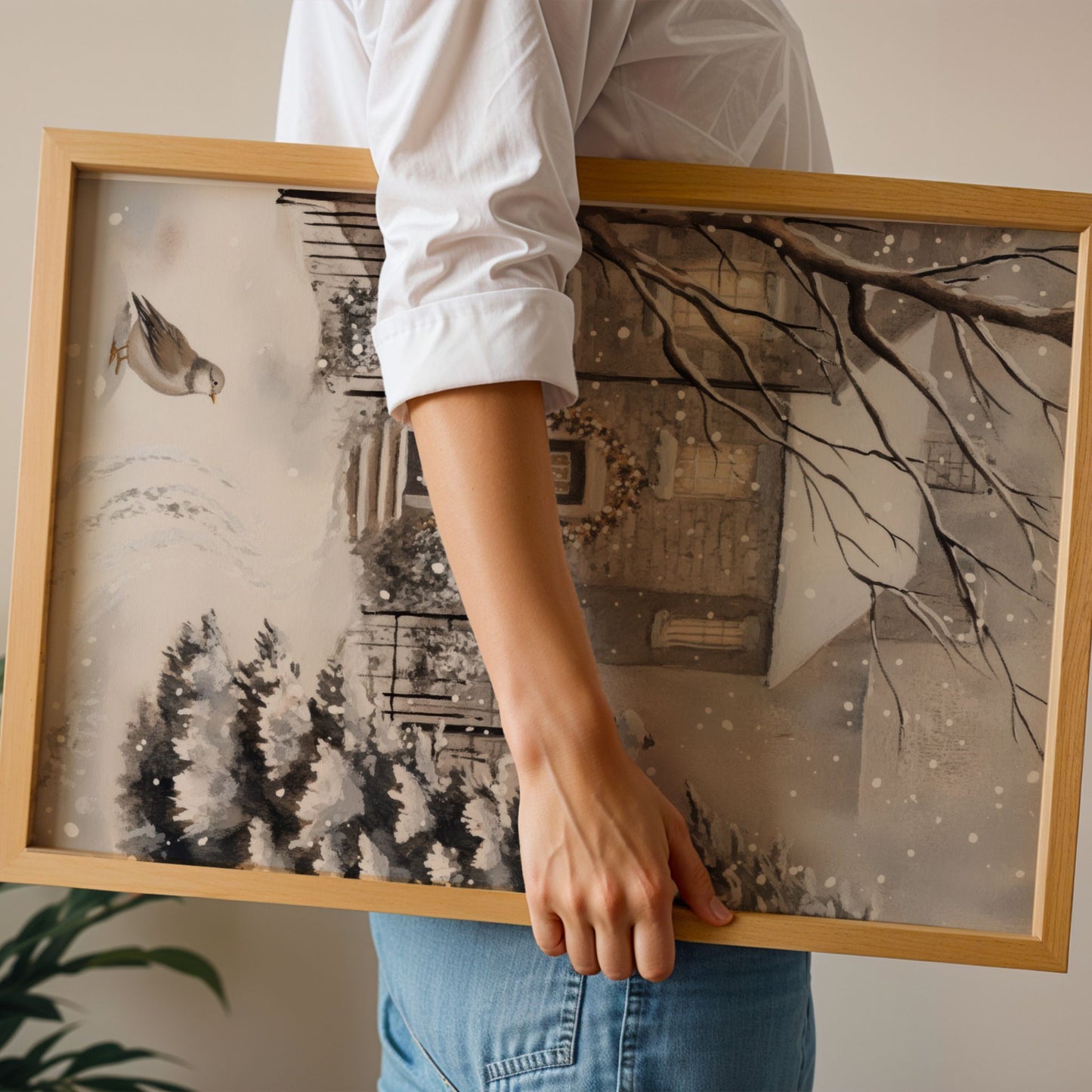 Steinhus med lysende vinduer og inngang pyntet med granbar, liten fugl står i snøen foran huset. Illustrasjon viser plakat uten hvit kantlinje i eik ramme.