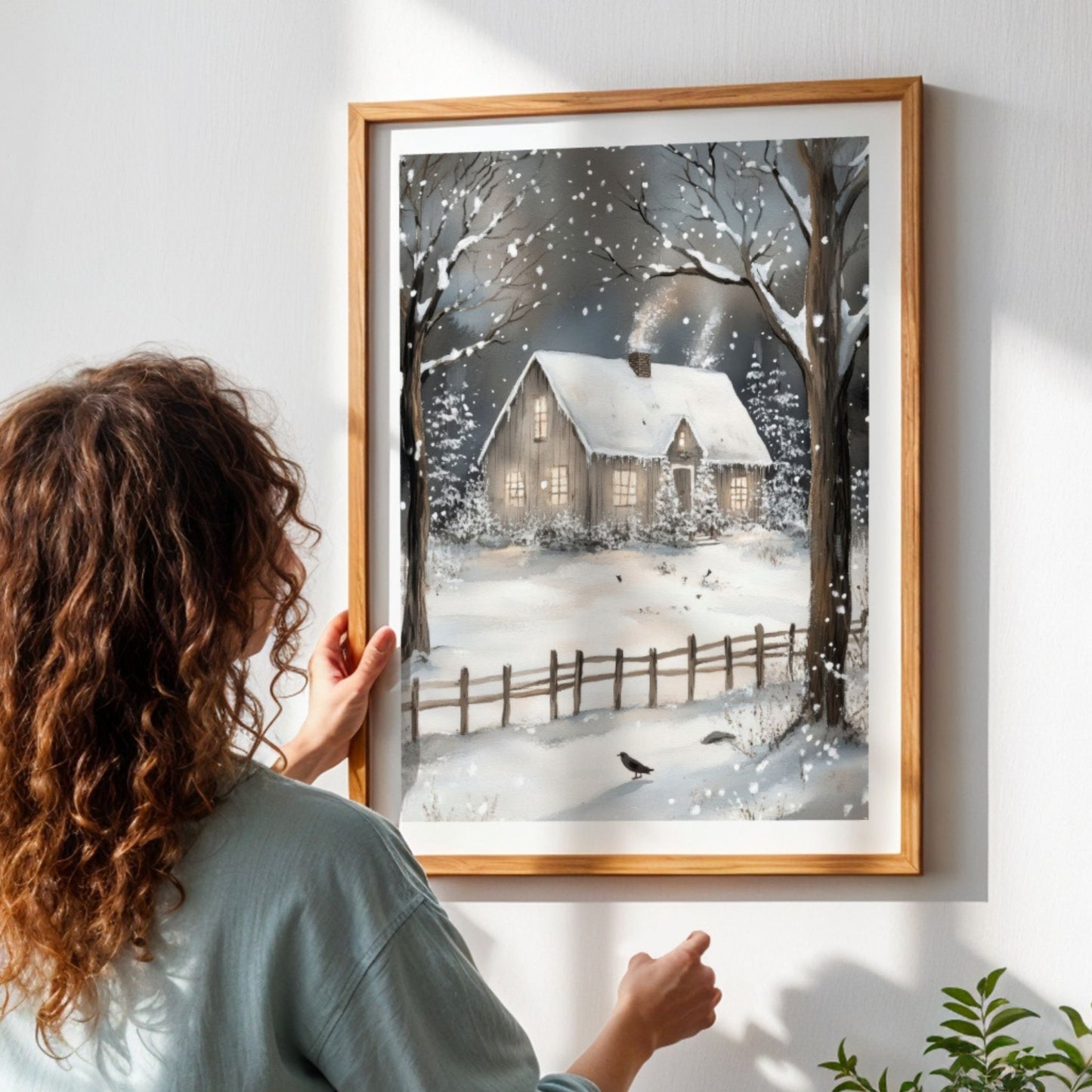 Liten hytte med snødekt tak, omgitt av vintergrønt og snø. Illustrasjon viser plakat med hvit kantlinje i eik ramme.