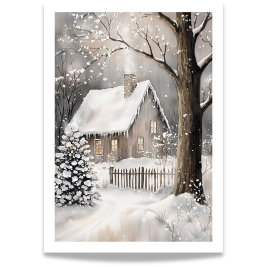 Snødekt gård med gjerde og trær dekket av snø i et stille vinterlandskap.