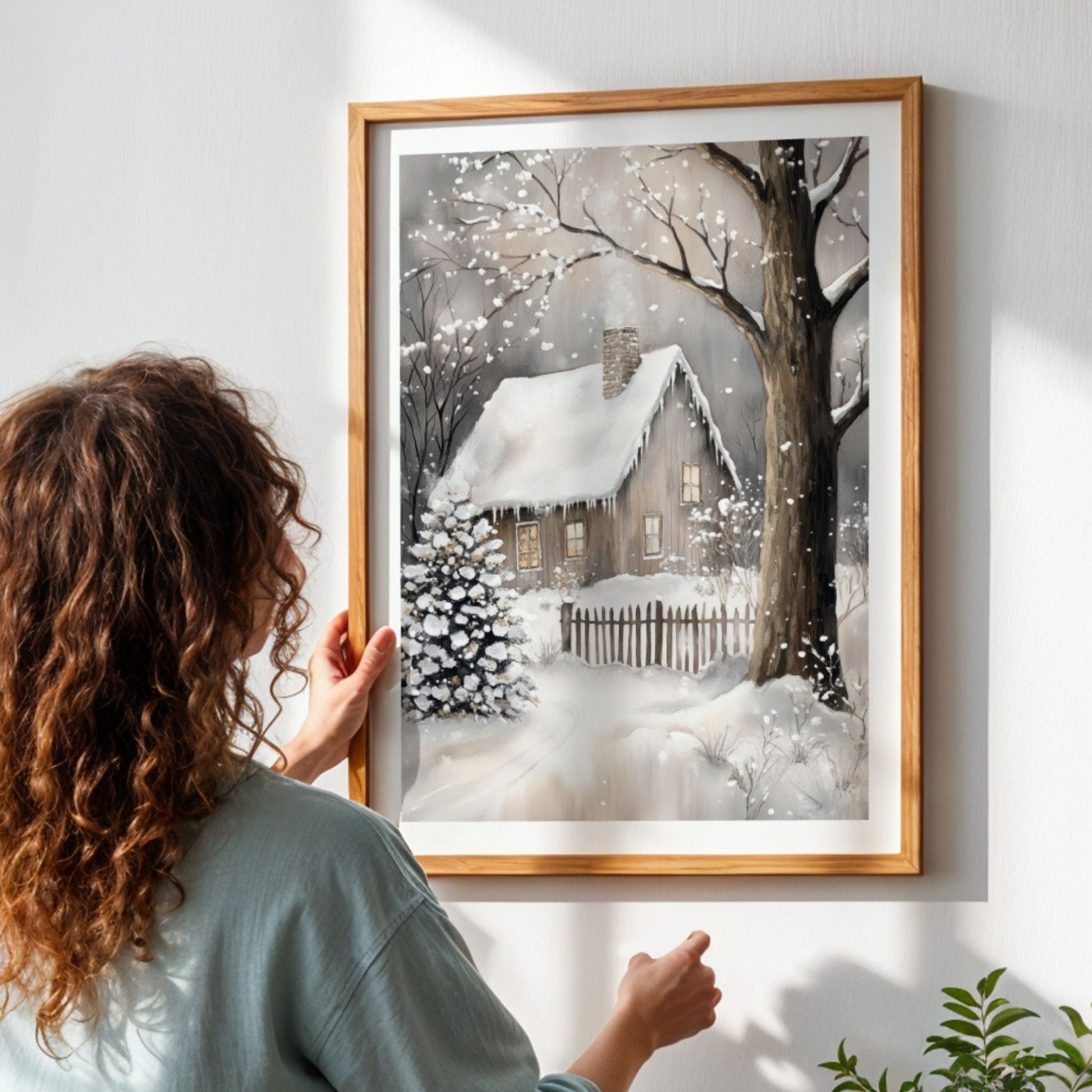 Snødekt gård med gjerde og trær dekket av snø i et stille vinterlandskap. Illustrasjon viser plakat med hvit kantlilnje i eik ramme.