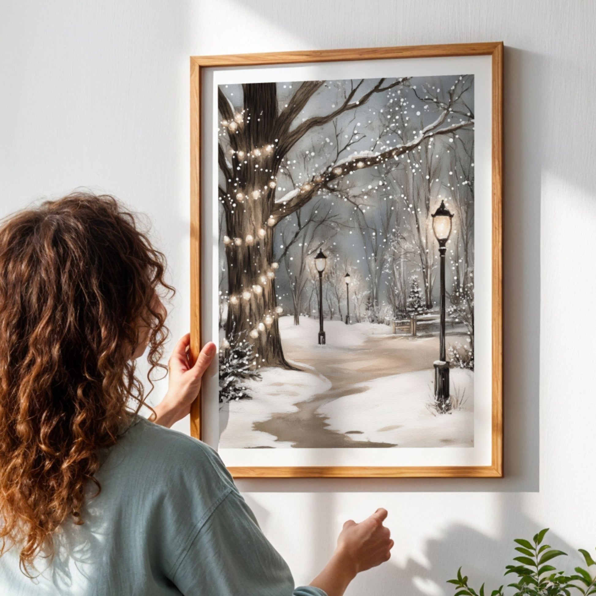 Gatelykter lyser langs en vintervei omgitt av snødekte trær. Illustrasjon viser plakat med hvit kantlinje i eik ramme.