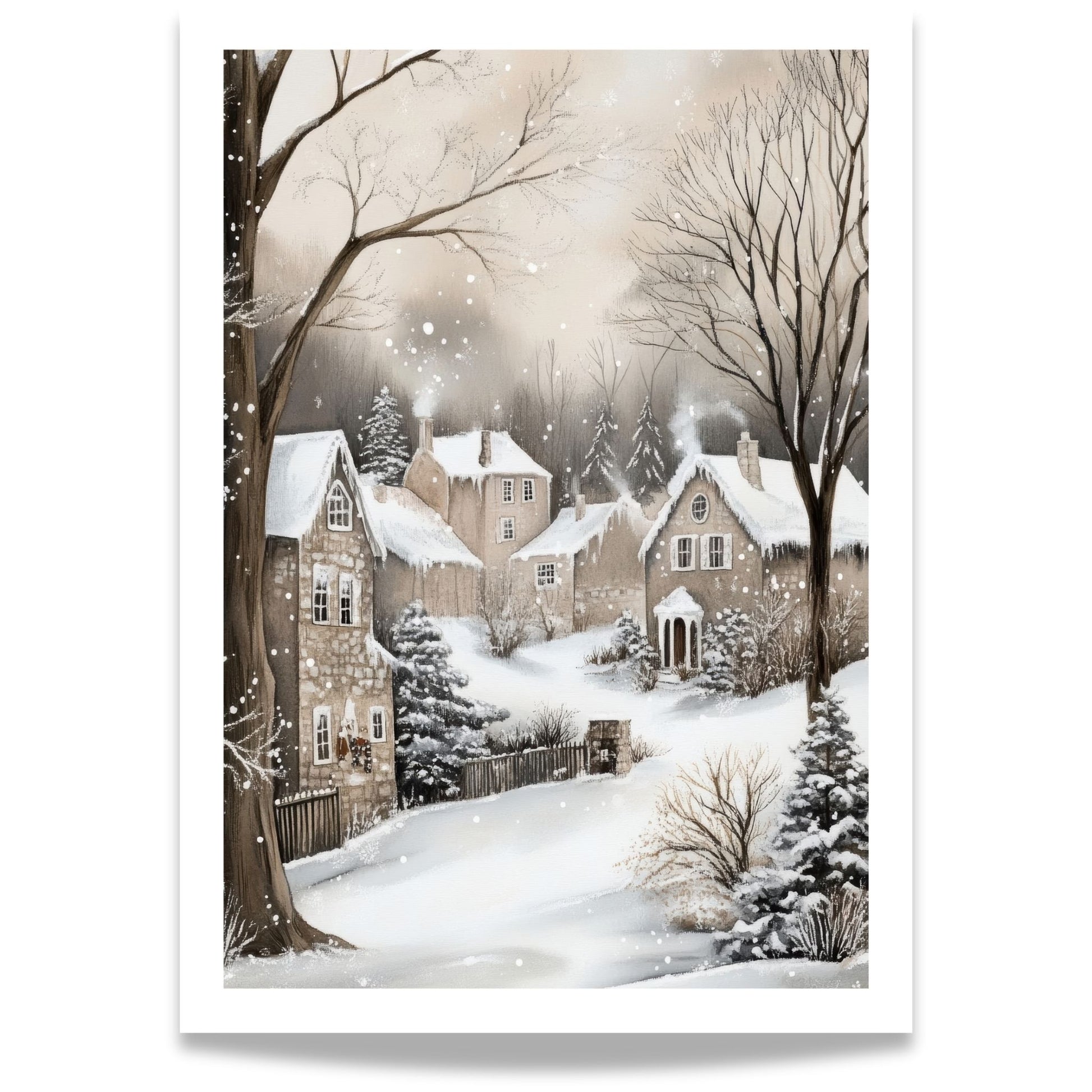 Snødekt landsby med julepyntede hus og en sti som fører gjennom vinterlandskapet.