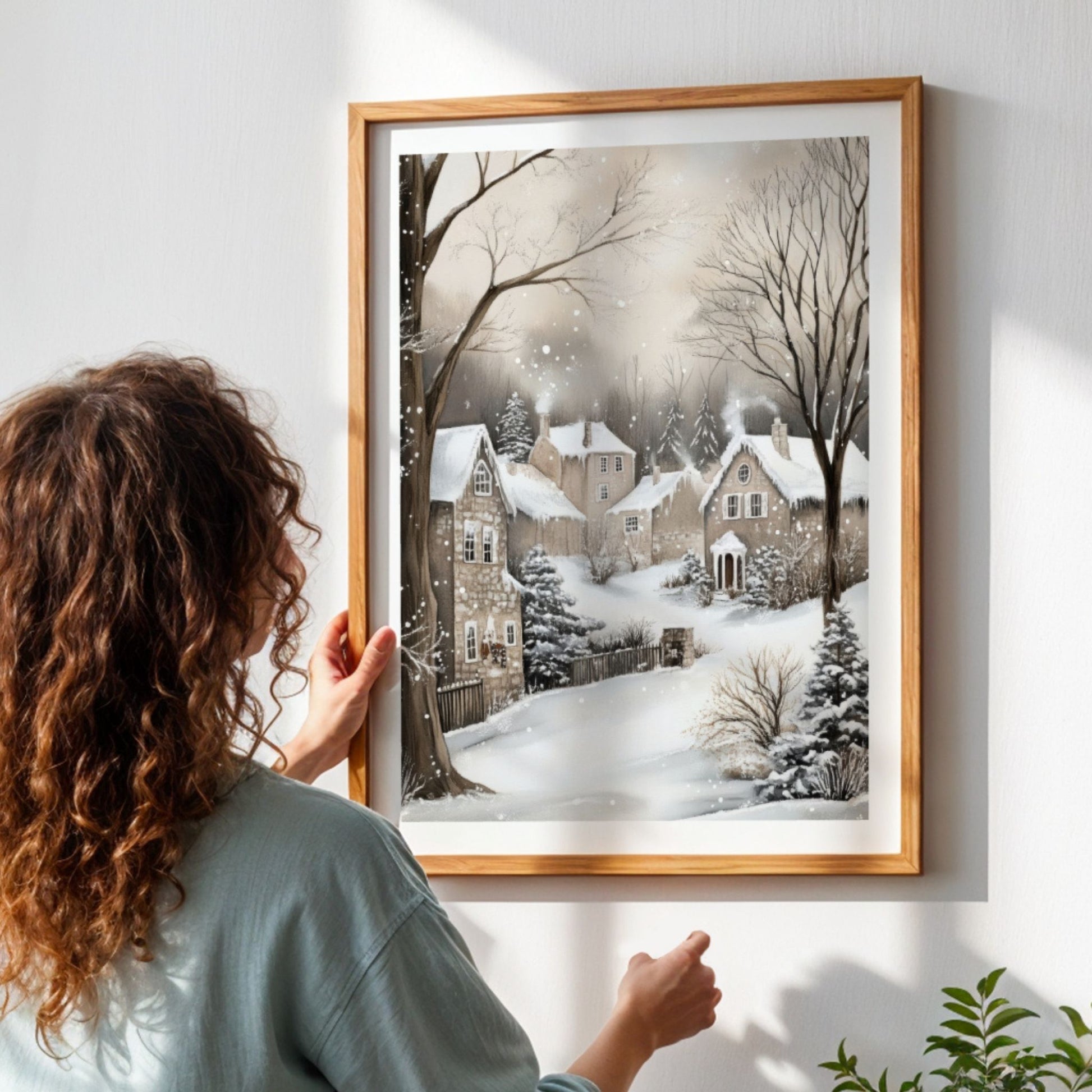 Snødekt landsby med julepyntede hus og en sti som fører gjennom vinterlandskapet. Illustrasjon viser plakat uten hvit kantlinje i eik ramme.