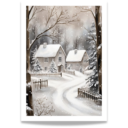 Julepyntet hus med snødekt vei og trær, omgitt av snø.