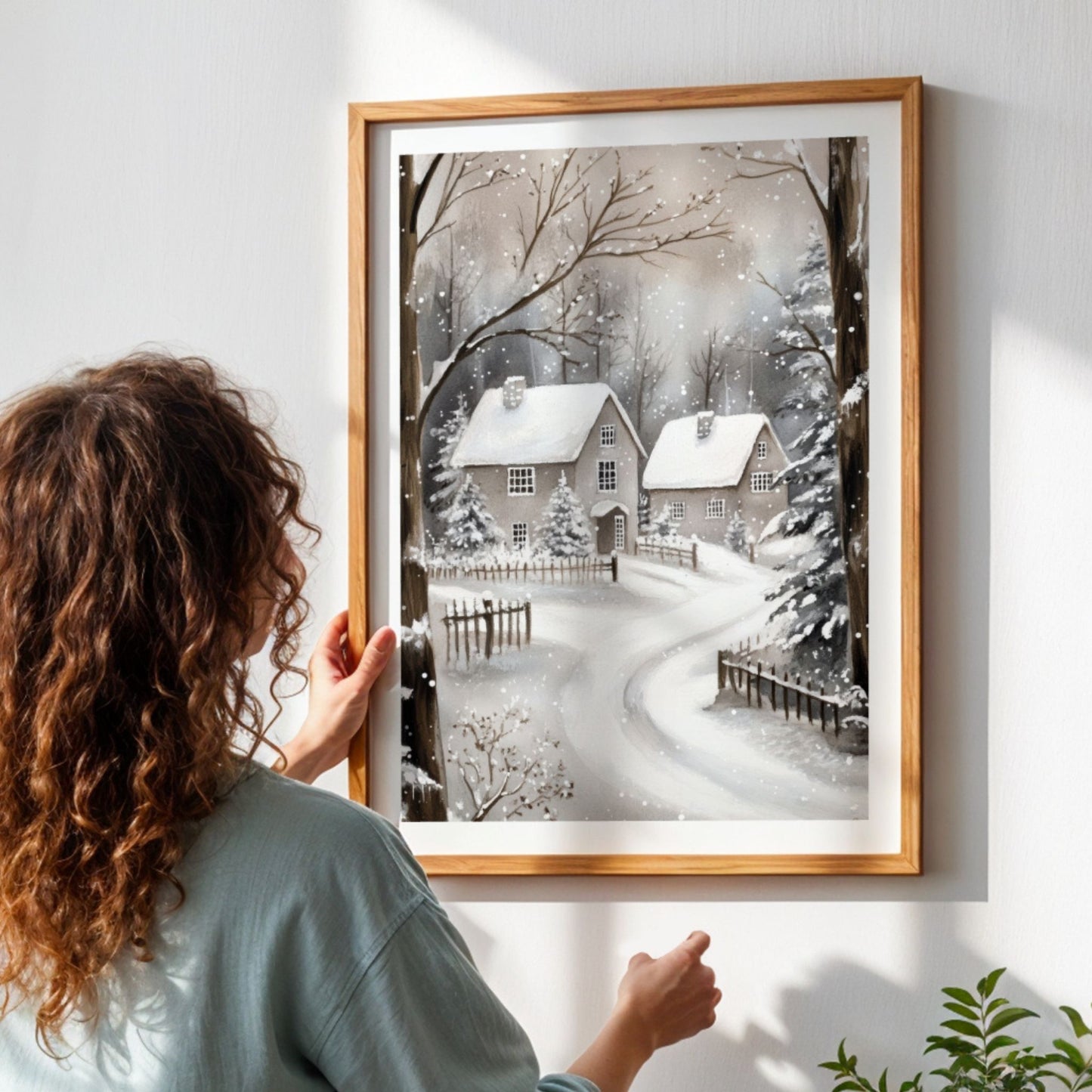 Julepyntet hus med snødekt vei og trær, omgitt av snø. Illustrasjon viser plakat med hvit kantlinje i eik ramme.