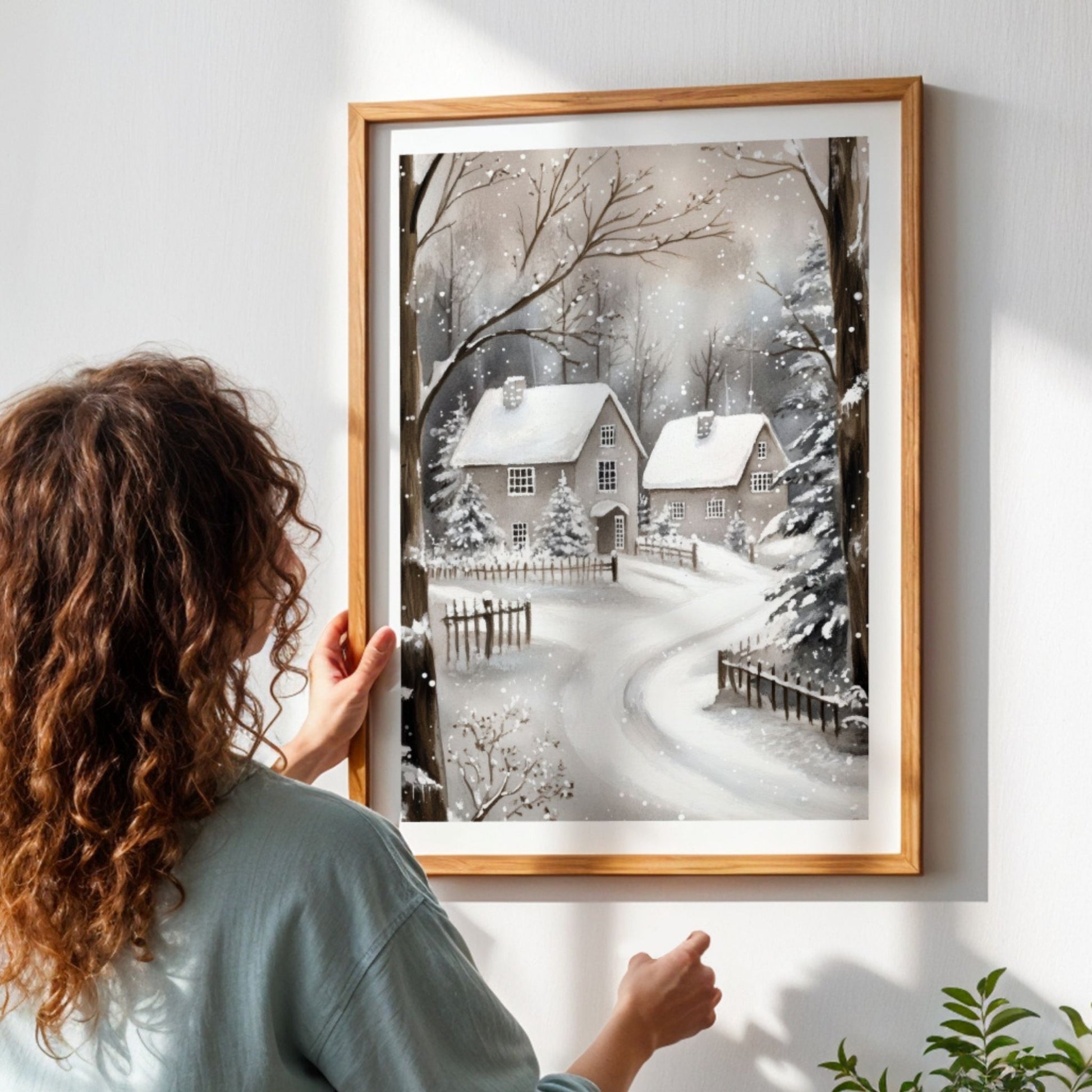 Julepyntet hus med snødekt vei og trær, omgitt av snø. Illustrasjon viser plakat med hvit kantlinje i eik ramme.