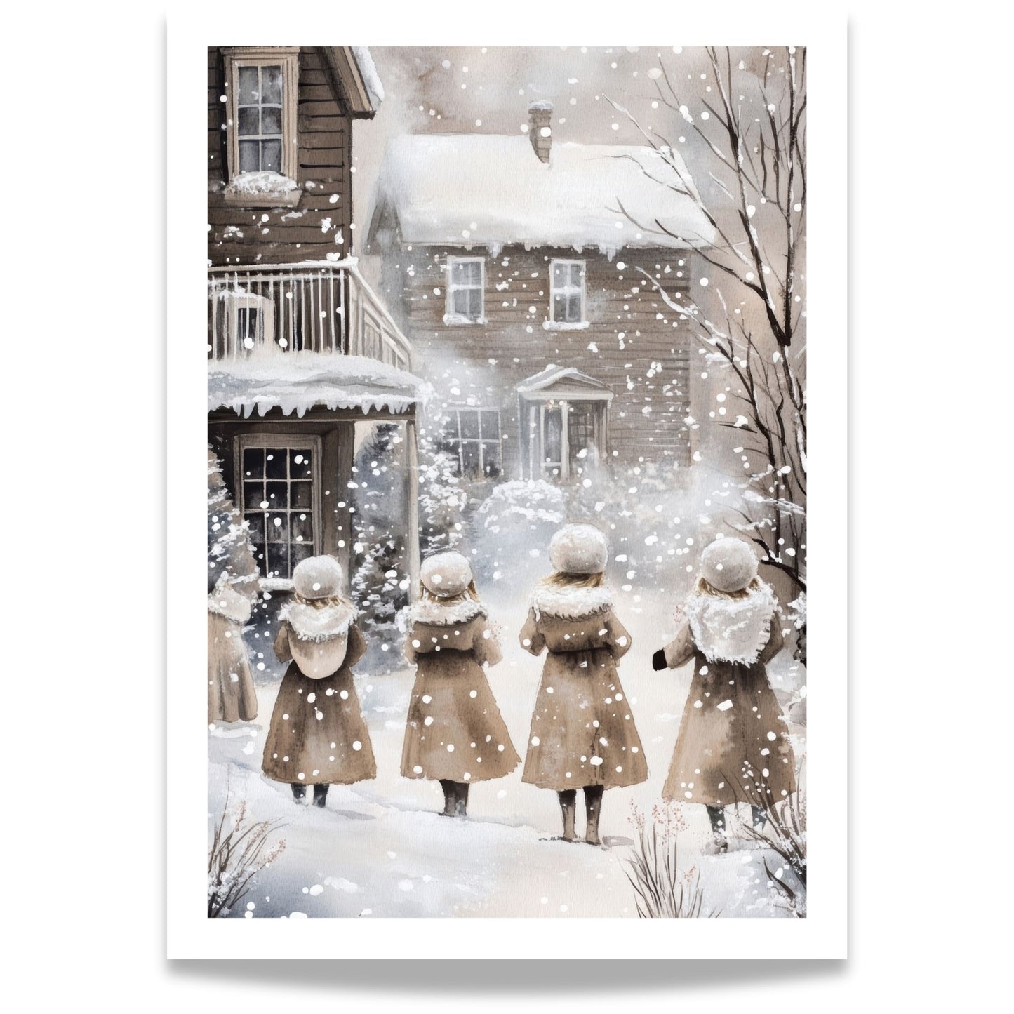 Tre barn med vinterklær går langs en snødekt vei, omgitt av trær og snø.