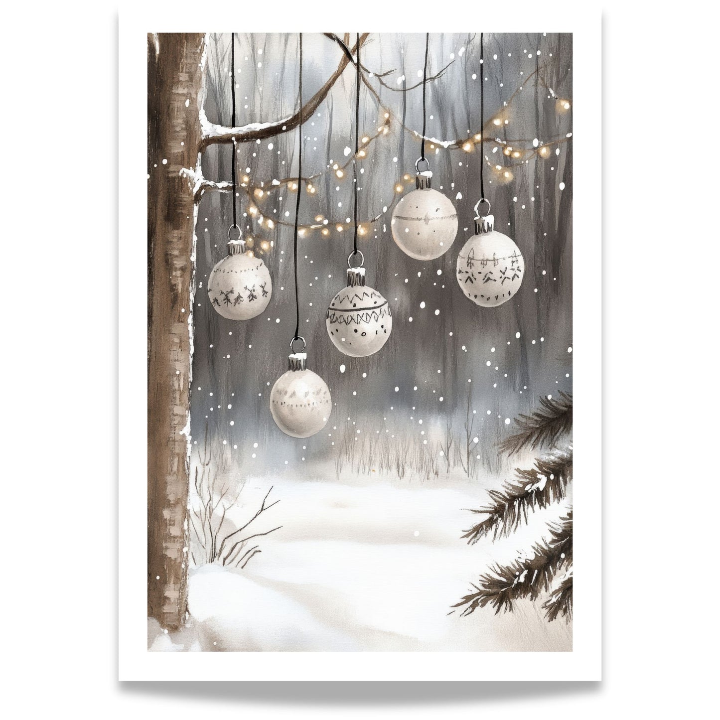 Vinterlig skog med hengende lysslynge og lyse julekuler mellom snødekte grener.