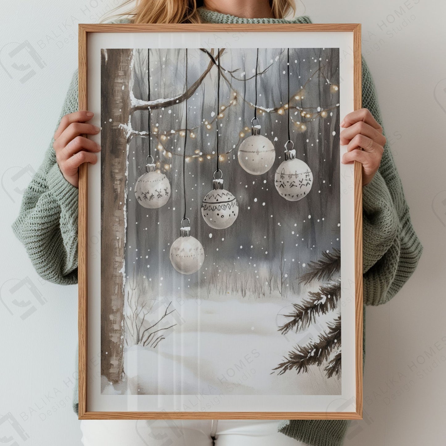 Vinterlig skog med hengende lysslynge og lyse julekuler mellom snødekte grener. Illustrasjon viser plakat med hvit kantlinje i eik ramme