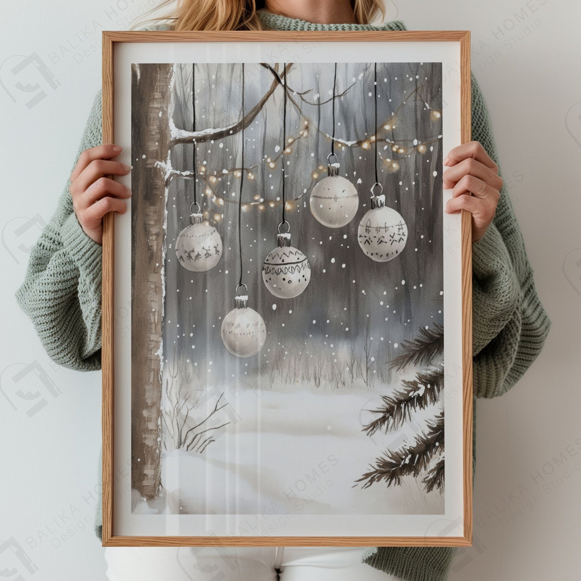 Vinterlig skog med hengende lysslynge og lyse julekuler mellom snødekte grener. Illustrasjon viser plakat med hvit kantlinje i eik ramme