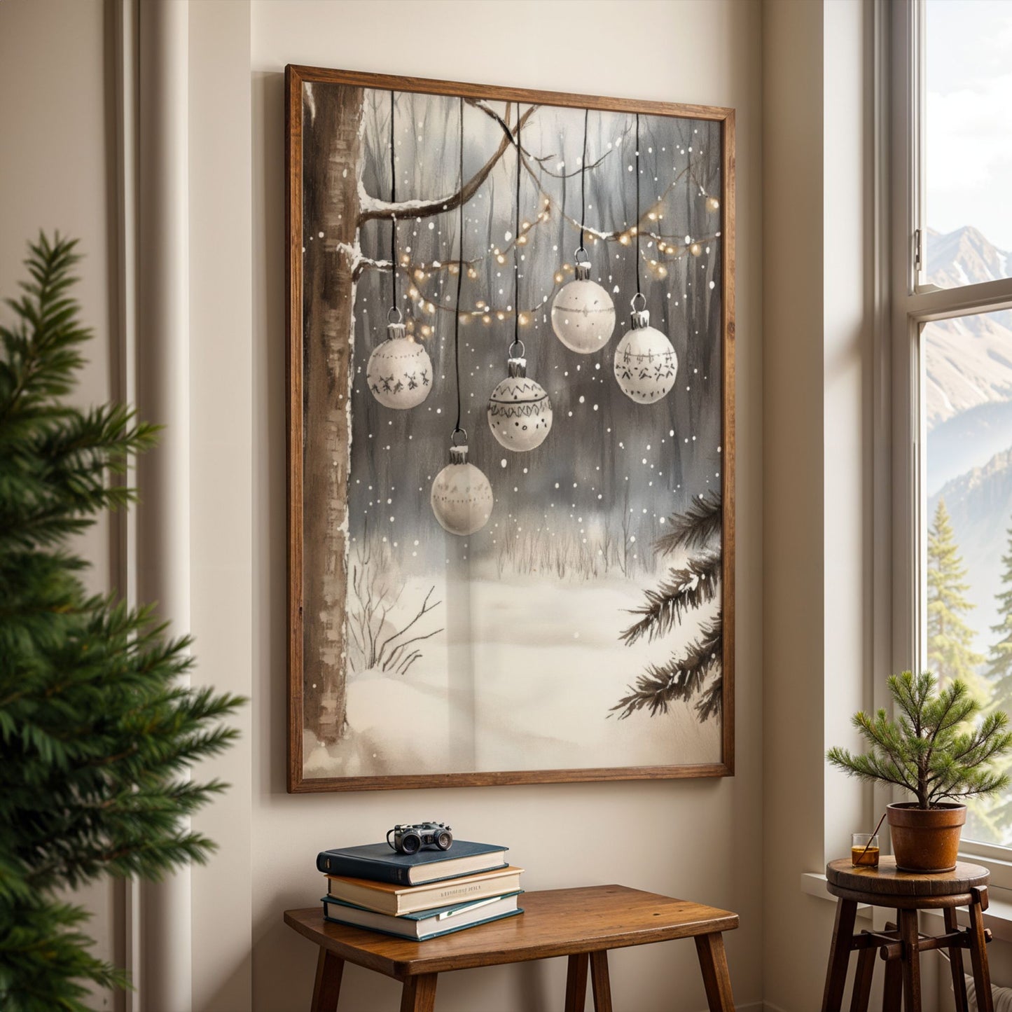 Vinterlig skog med hengende lysslynge og lyse julekuler mellom snødekte grener. Illustrasjon viser plakat uten hvit kantlinje i eik ramme