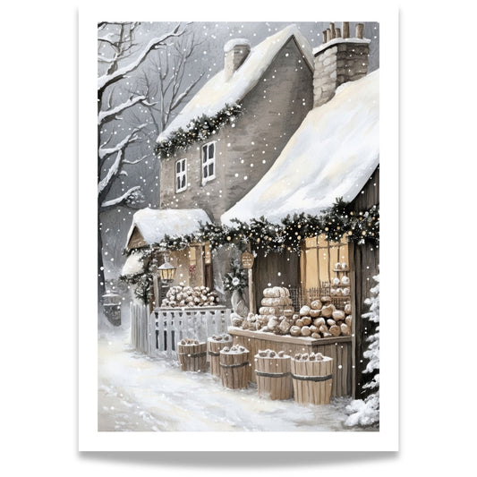 Butikkvindu med julekaker, lys og snø som dekker vindusrammen.