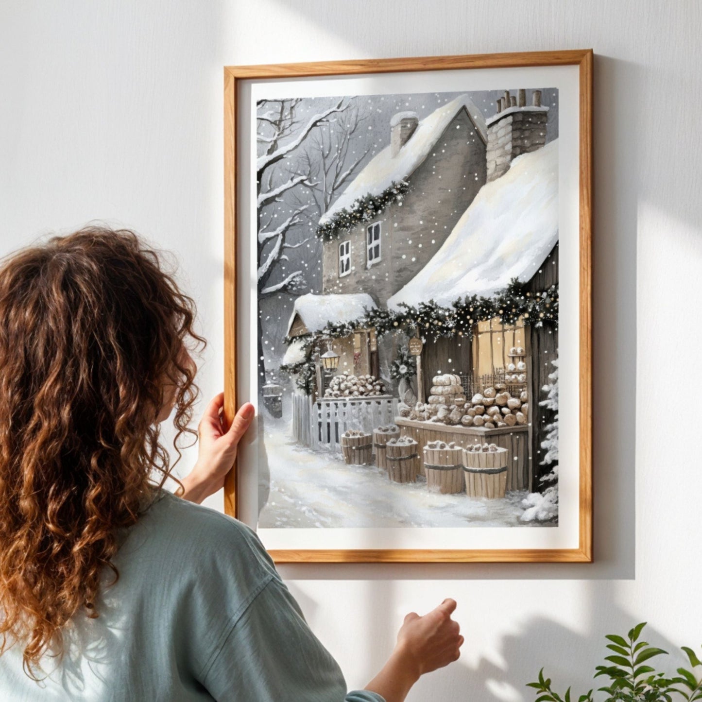 Butikkvindu med julekaker, lys og snø som dekker vindusrammen. Illustrasjon viser plakat med hvit kantlinje i eik ramme.