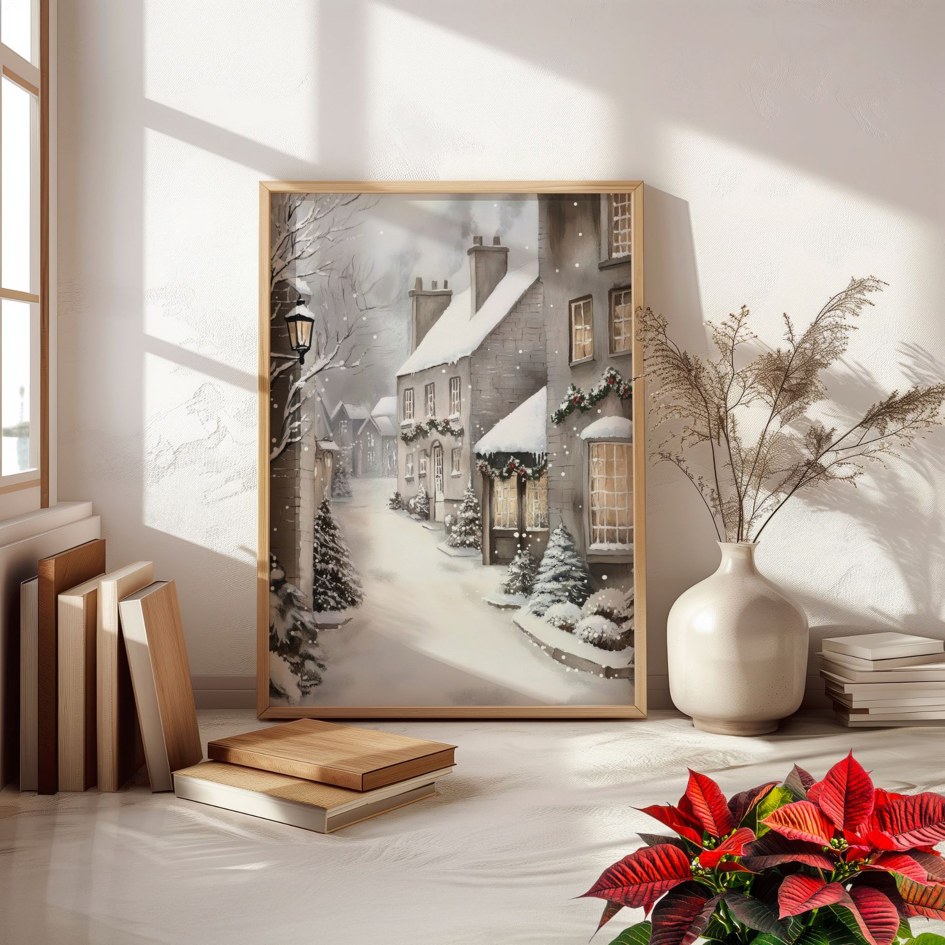Snødekt gate med julepyntede hus og trær langs veien, som leder inn i et vinterlandskap. Illustrasjon viser plakat uten hvit kantlinje i eik ramme.