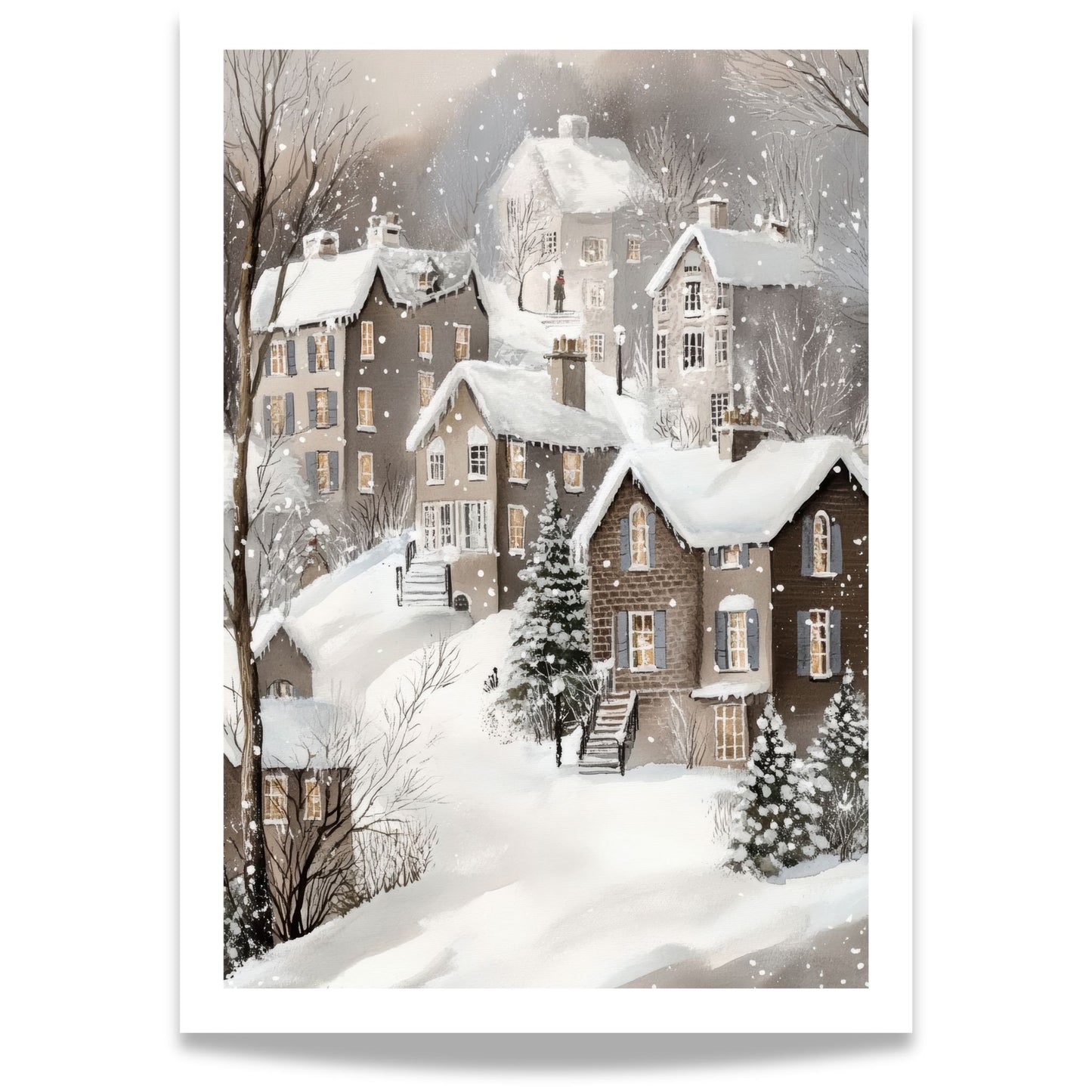 Snødekte hus med varme lys som skinner fra vinduene, omgitt av trær og snø.