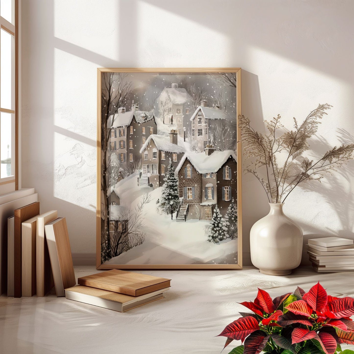 Snødekte hus med varme lys som skinner fra vinduene, omgitt av trær og snø. Illustrasjon viser plakat uten hvit kantlinje i eik ramme.