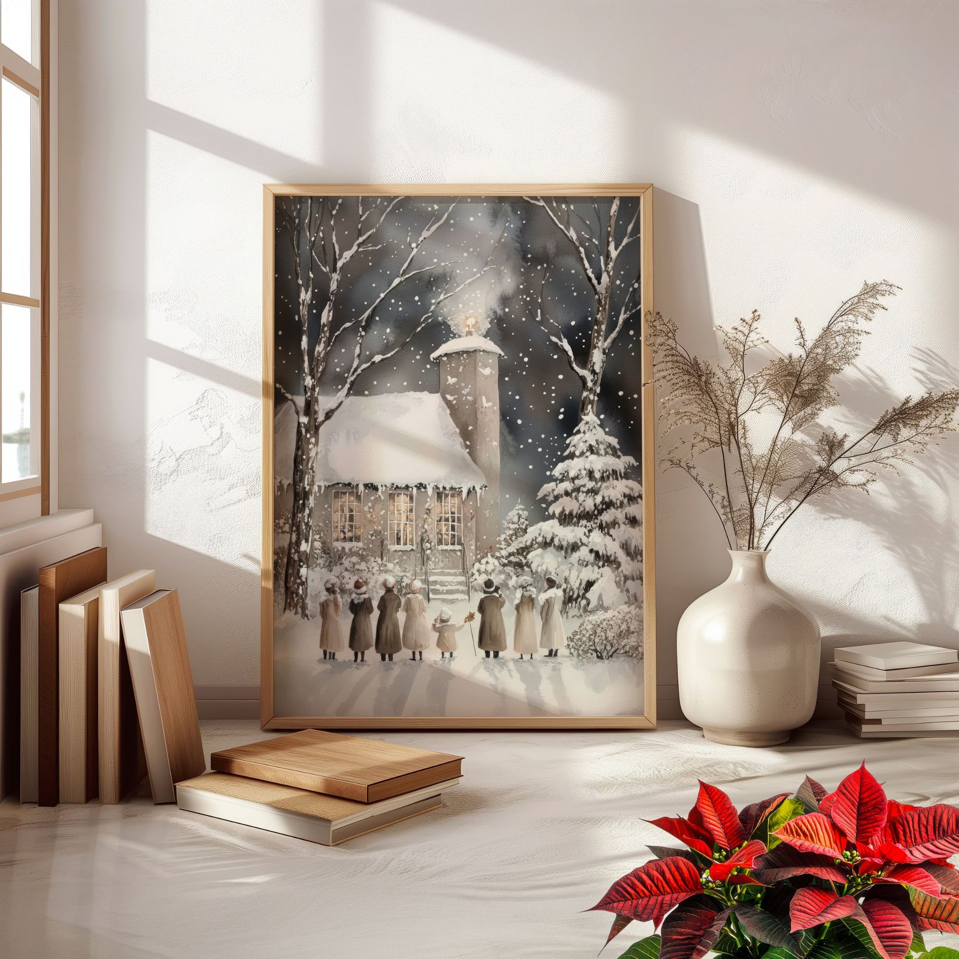 Julekirke i snø med mennesker som står foran, omringet av snødekte trær og vinterstemning. Illustrasjon viser plakat uten hvit kantlinje i eik ramme.