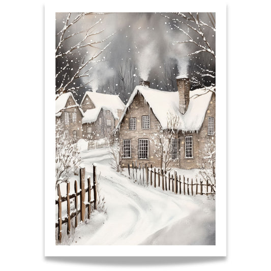 Hus med snø på taket og røyken som stiger fra pipen i et rolig vinterlandskap.