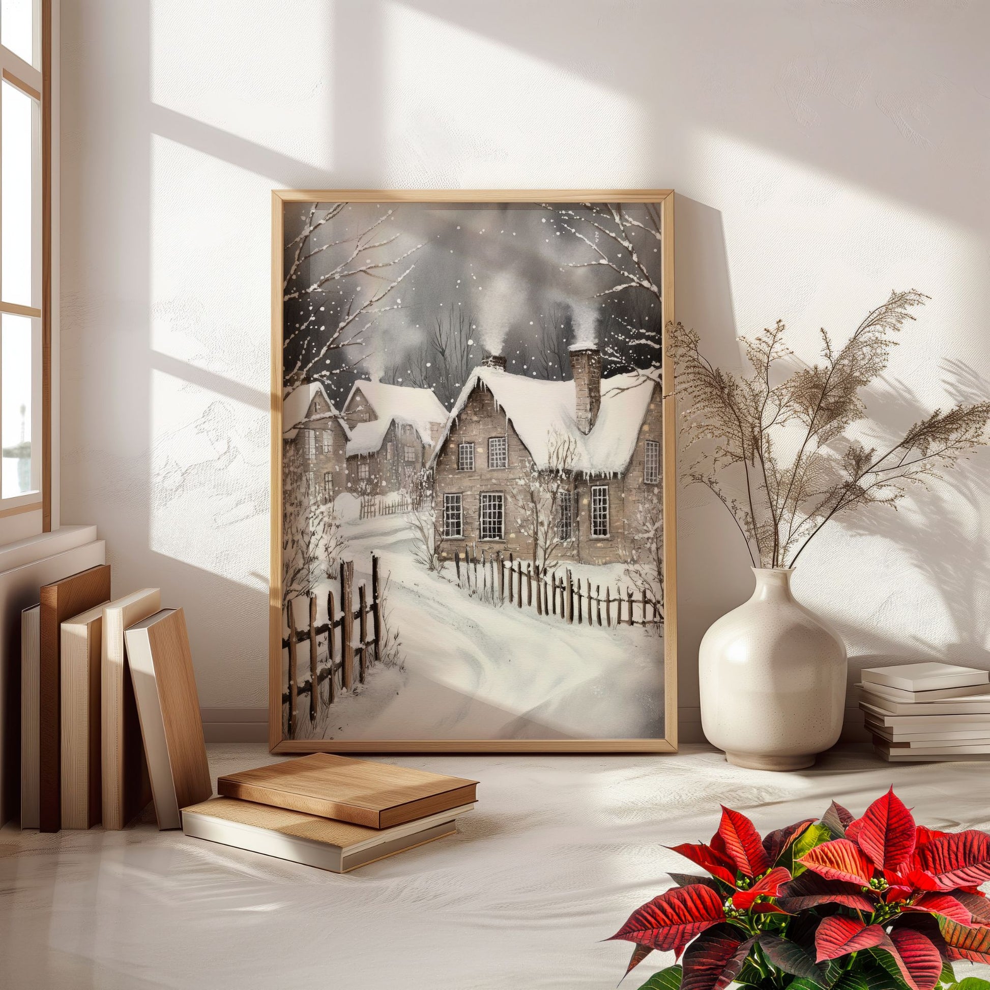 Hus med snø på taket og røyken som stiger fra pipen i et rolig vinterlandskap. Illustrasjon viser plakat uten hvit kantlinje i eik ramme.