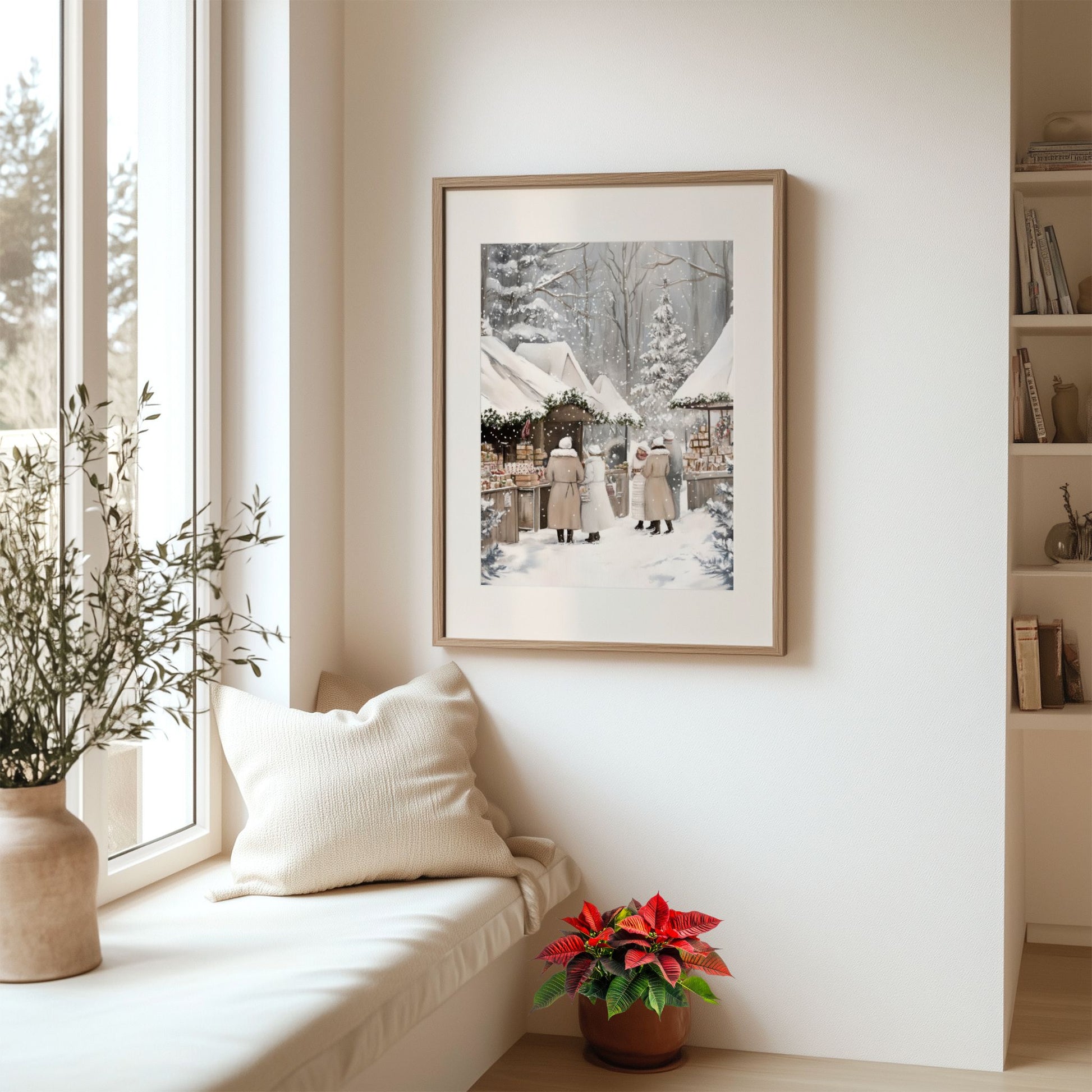 Mennesker på julemarked, med boder og snø rundt. Julepynt og lys lyser opp i vinterkvelden. Illustrasjon viser plakat med passepartout i eik ramme.