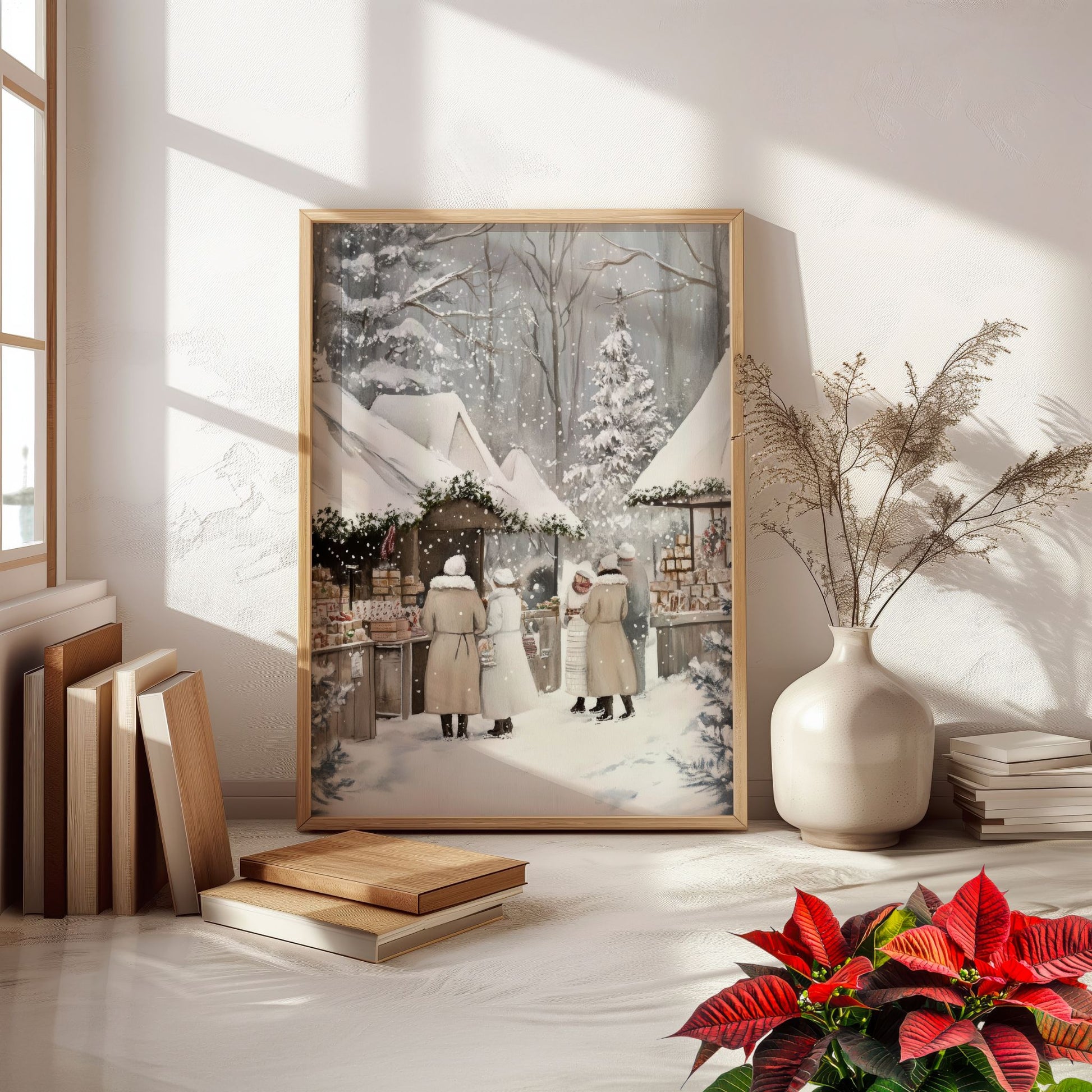 Mennesker på julemarked, med boder og snø rundt. Julepynt og lys lyser opp i vinterkvelden. Illustrasjon viser plakat uten hvit kantlinje i eik ramme.