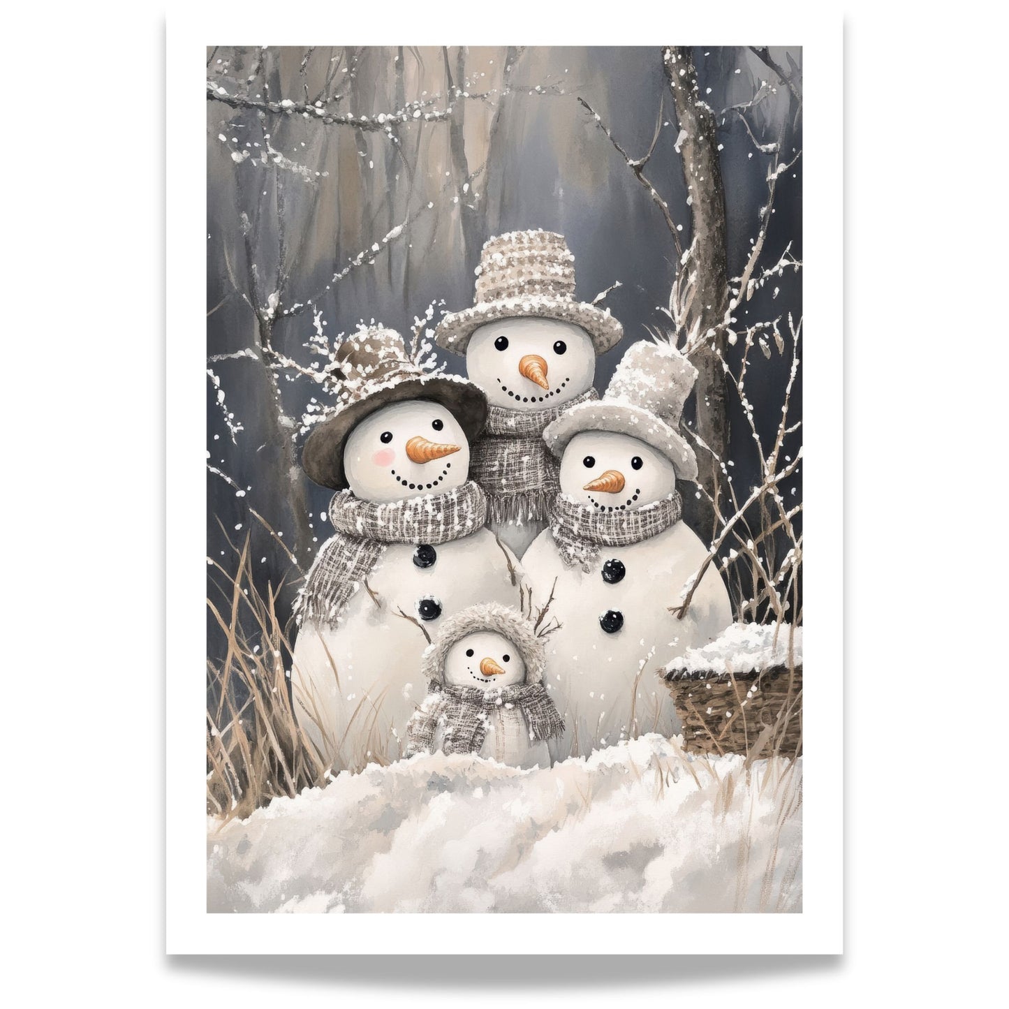 Gruppe snømenn, alle med skjerf og hatter, står sammen i snøen.