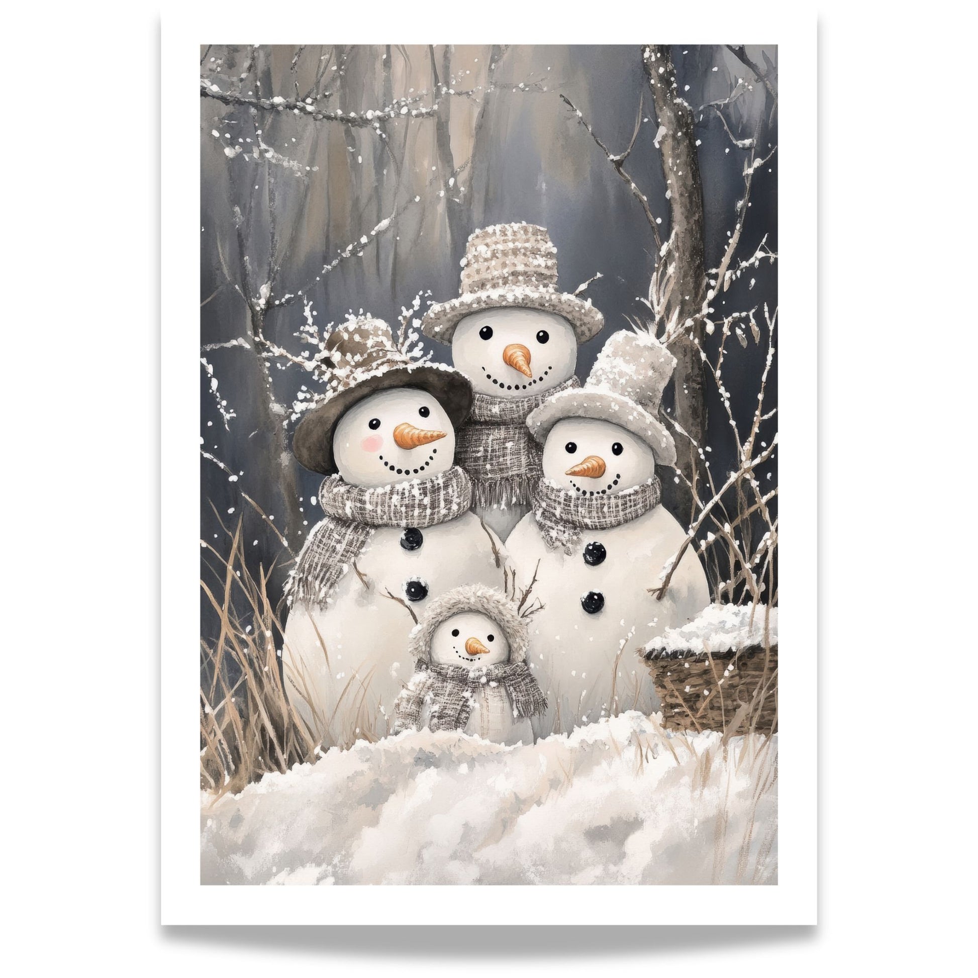 Gruppe snømenn, alle med skjerf og hatter, står sammen i snøen.