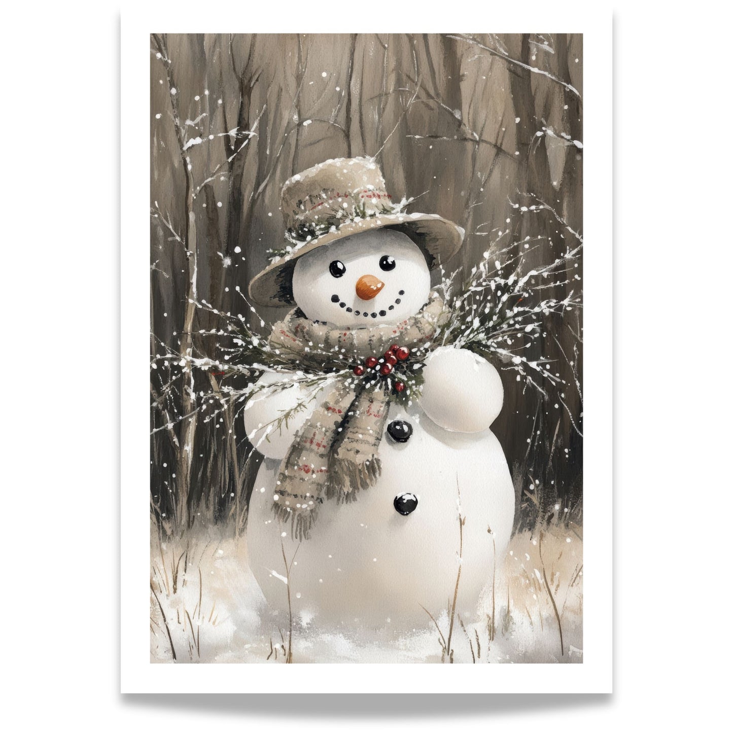 Snømann med hatt og skjerf står i snødekt landskap, omgitt av trær og vinterstemning.