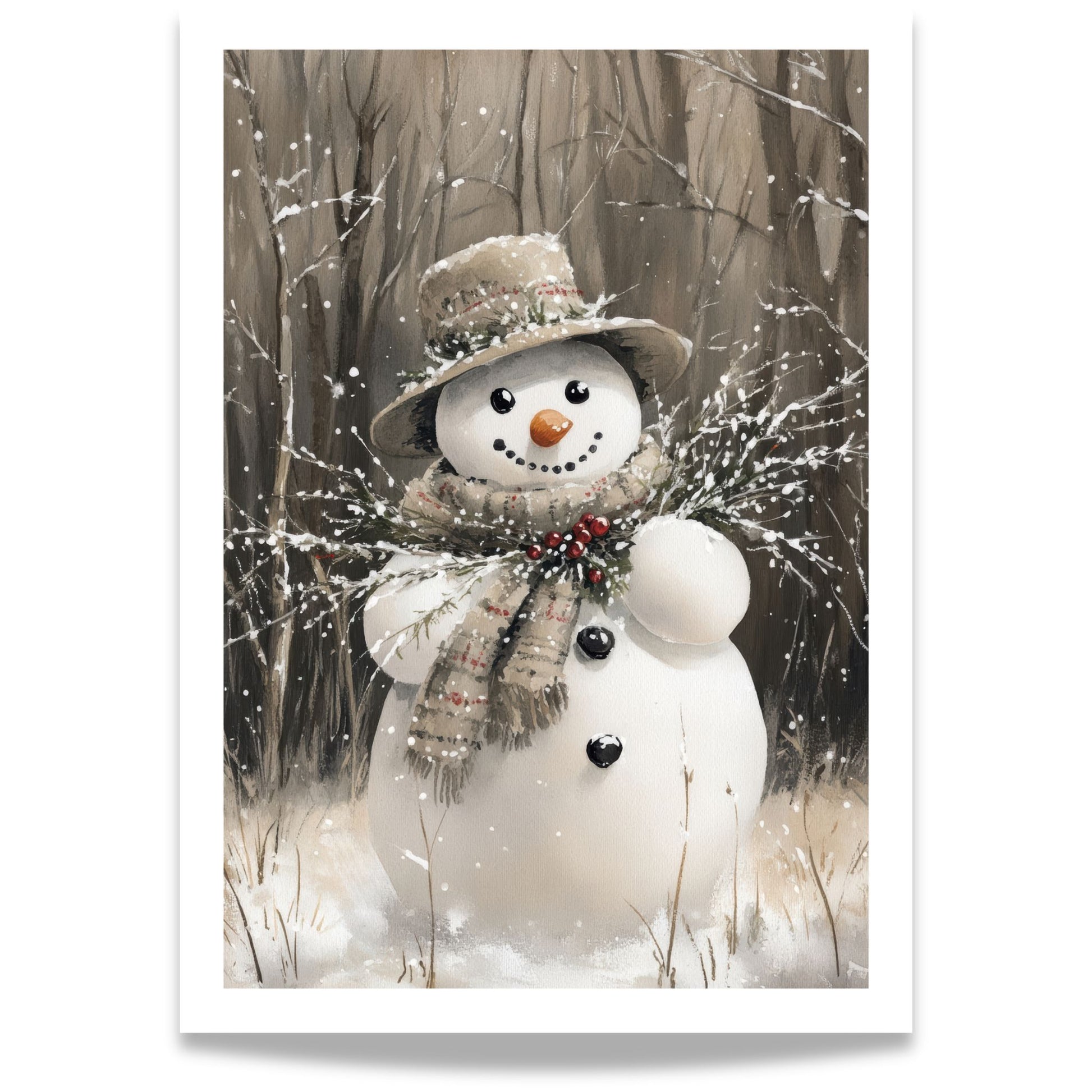 Snømann med hatt og skjerf står i snødekt landskap, omgitt av trær og vinterstemning.