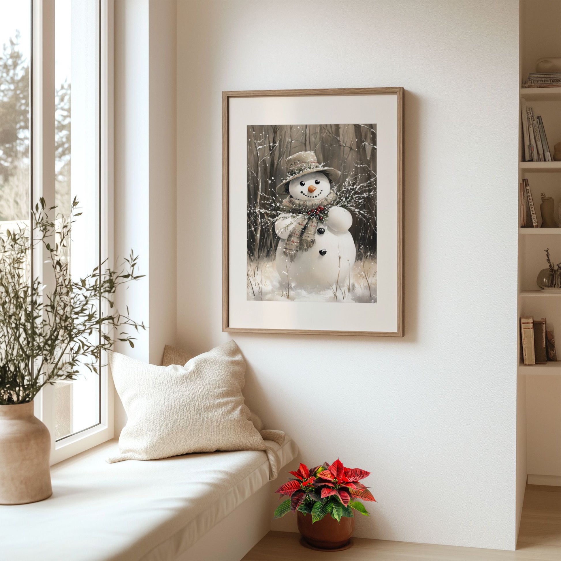 Snømann med hatt og skjerf står i snødekt landskap, omgitt av trær og vinterstemning. Illustrasjon viser plakat med passepartout i eik ramme.