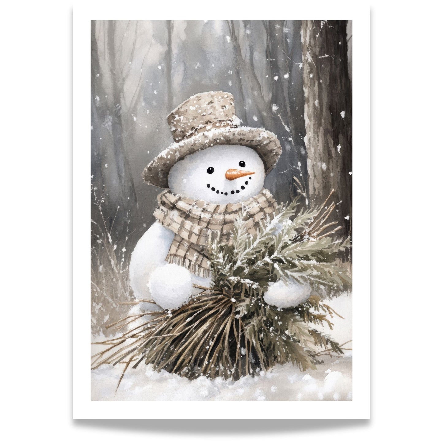 Snømann med vintergrener står i et snødekt landskap, omgitt av snø og trær.