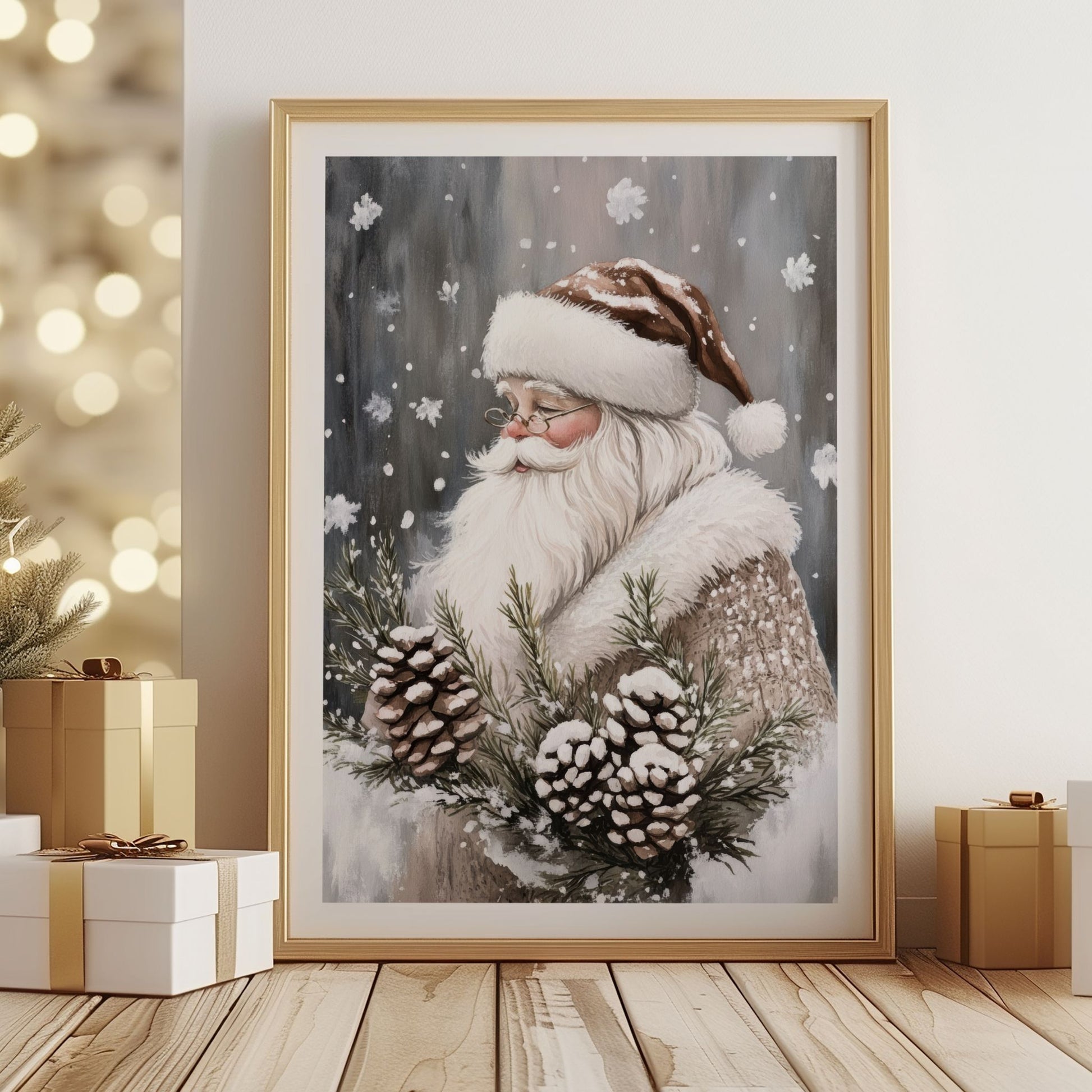 Nisse med hvitt skjegg og rød lue holder granbar og kongler i snødekt landskap med snøfnugg i luften. Illustrasjon viser plakat med hvit kantlinje i eik ramme.