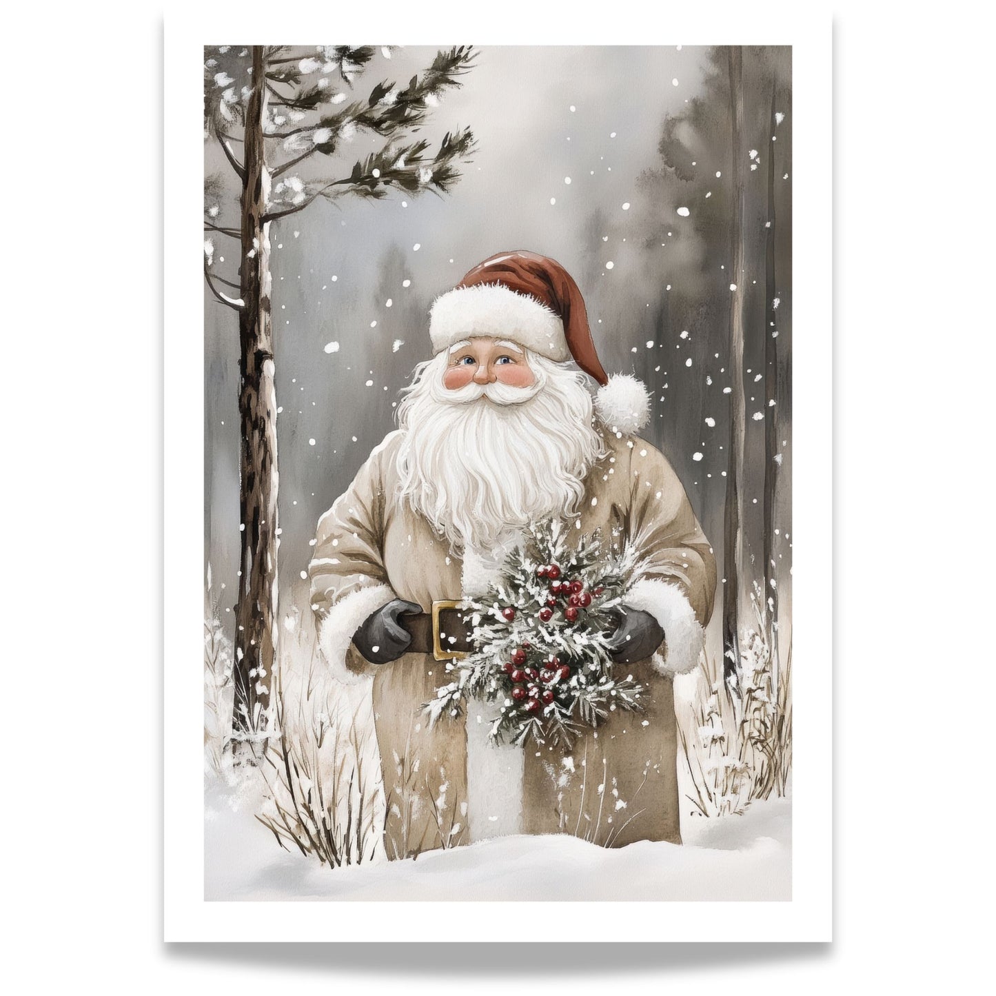 Nisse i brun frakk og hansker holder en bukett med granbar og røde bær i et snødekt vinterlandskap.
