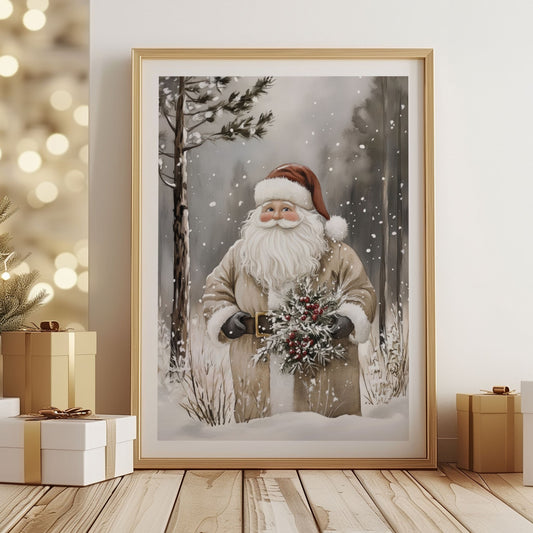 Nisse i brun frakk og hansker holder en bukett med granbar og røde bær i et snødekt vinterlandskap. Illustrasjon viser plakat med hvit kantlilnje i eik ramme.