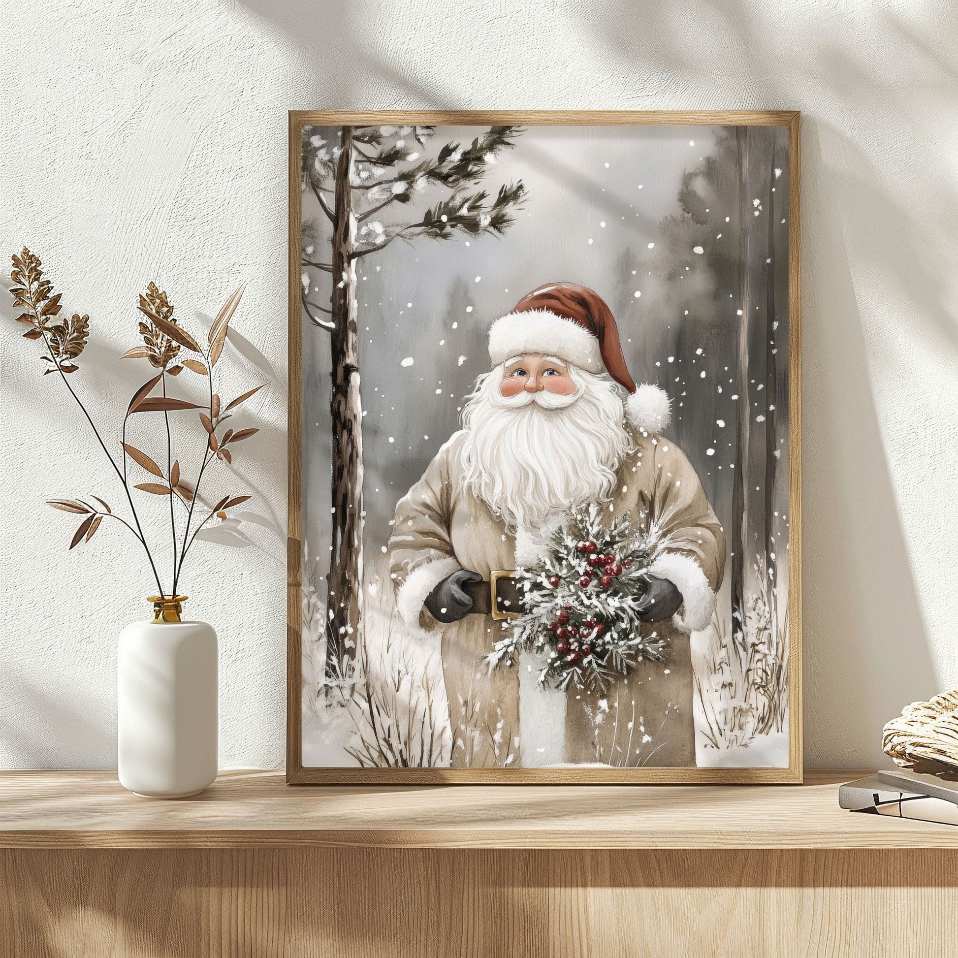 Nisse i brun frakk og hansker holder en bukett med granbar og røde bær i et snødekt vinterlandskap. Illustrasjon viser plakat med hvit kantlilnje i eik ramme.