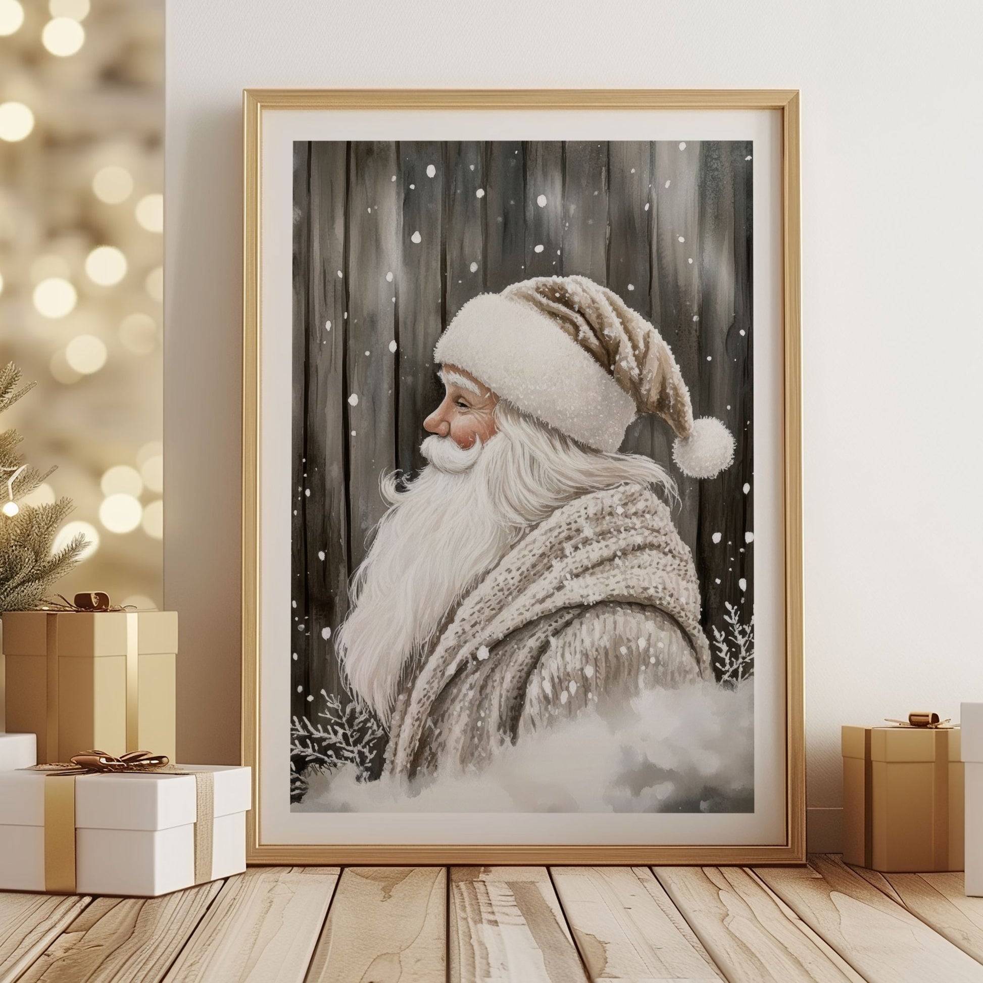 Nisse med hvitt skjegg, brun lue og strikket skjerf står vendt i profil foran et vintergrått plankegjerde med snøfnugg i luften. Illustrasjon viser plakat med hvit kantlinje i eik ramme.