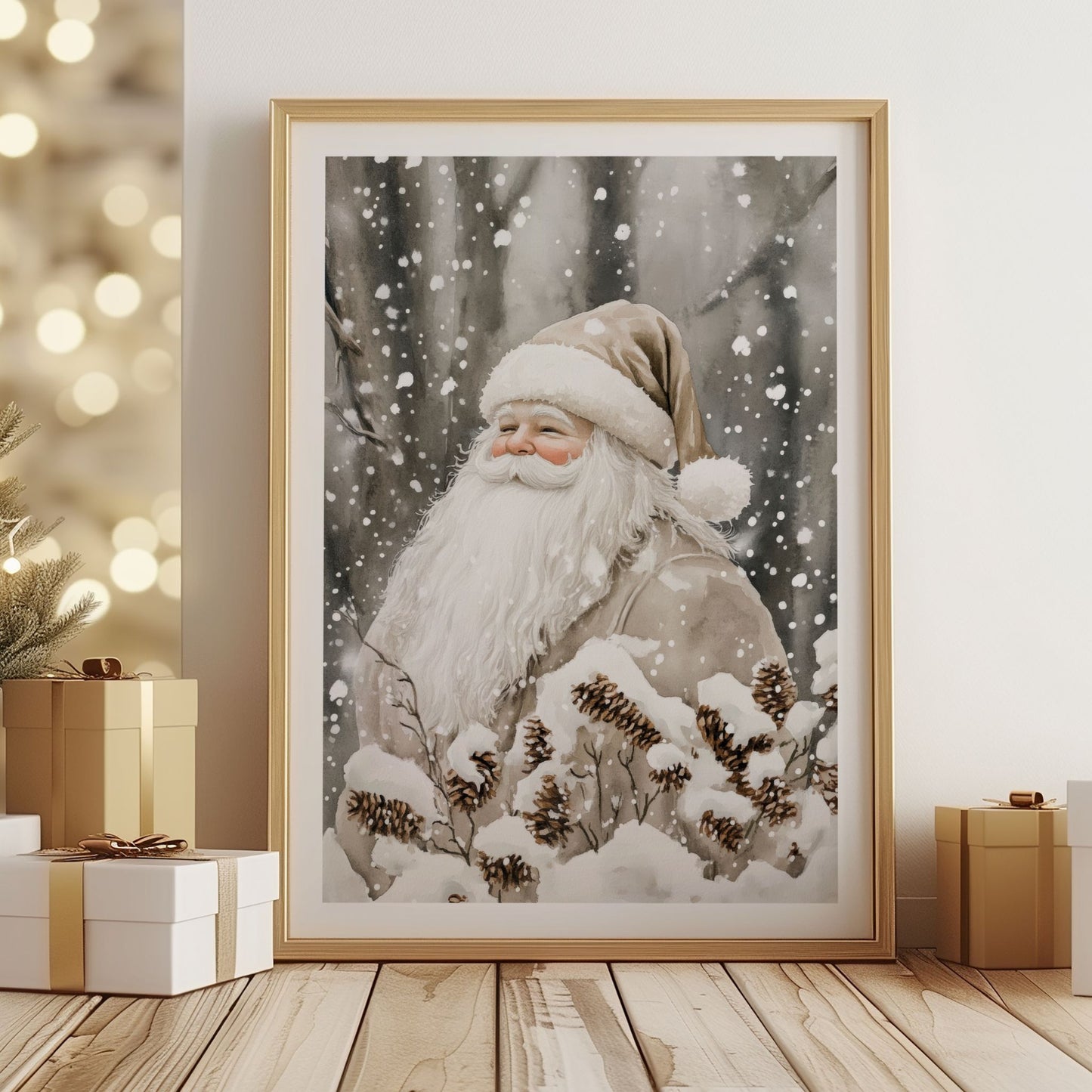 Nisse med brun lue og hvitt skjegg står blant snødekte grener med kongler i vinterlandskap. Illustrasjon viser plakat med hvit kantlinje i eik ramme.